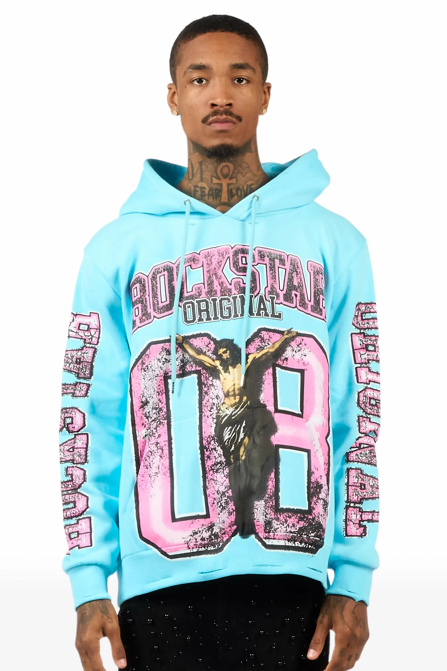 Fields Baby Blue Distressed Graphic Hoodie