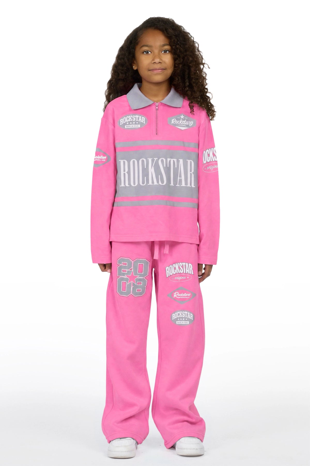 Girls Versenya Bubblegum/Grey Long Sleeve Polo Track Set