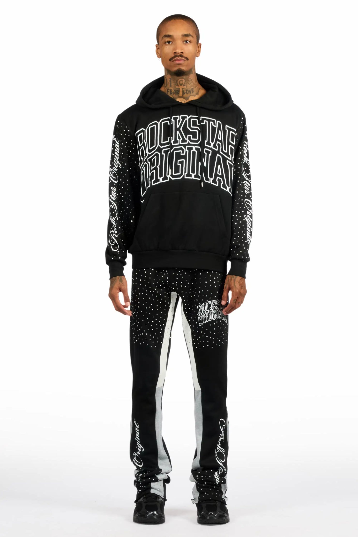 Dripped Black/Clear Rhinestone Hoodie/Stacked Flare Track Set