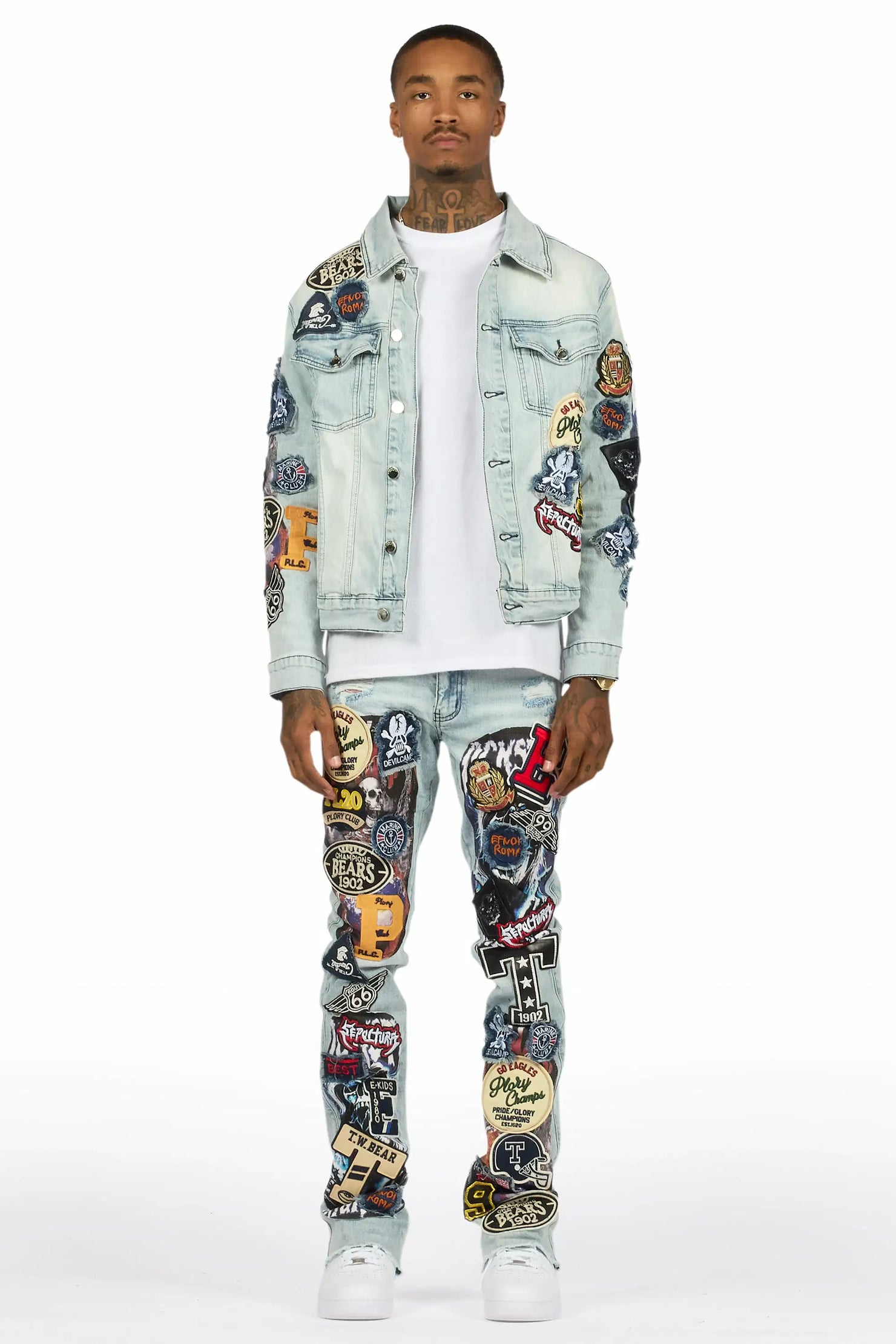 Espan Light Blue Denim Jacket/Stacked Flare Jean Set