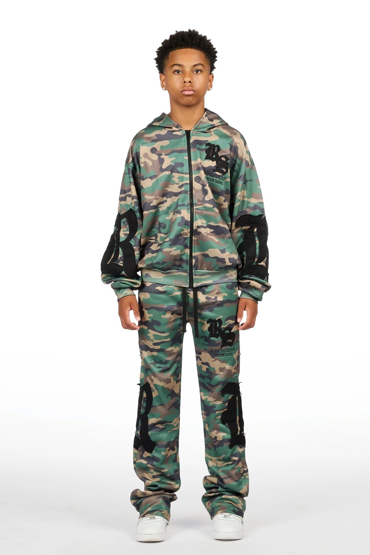 Boys Shire Camo/Black Zip Up Hoodie Stacked Track Set