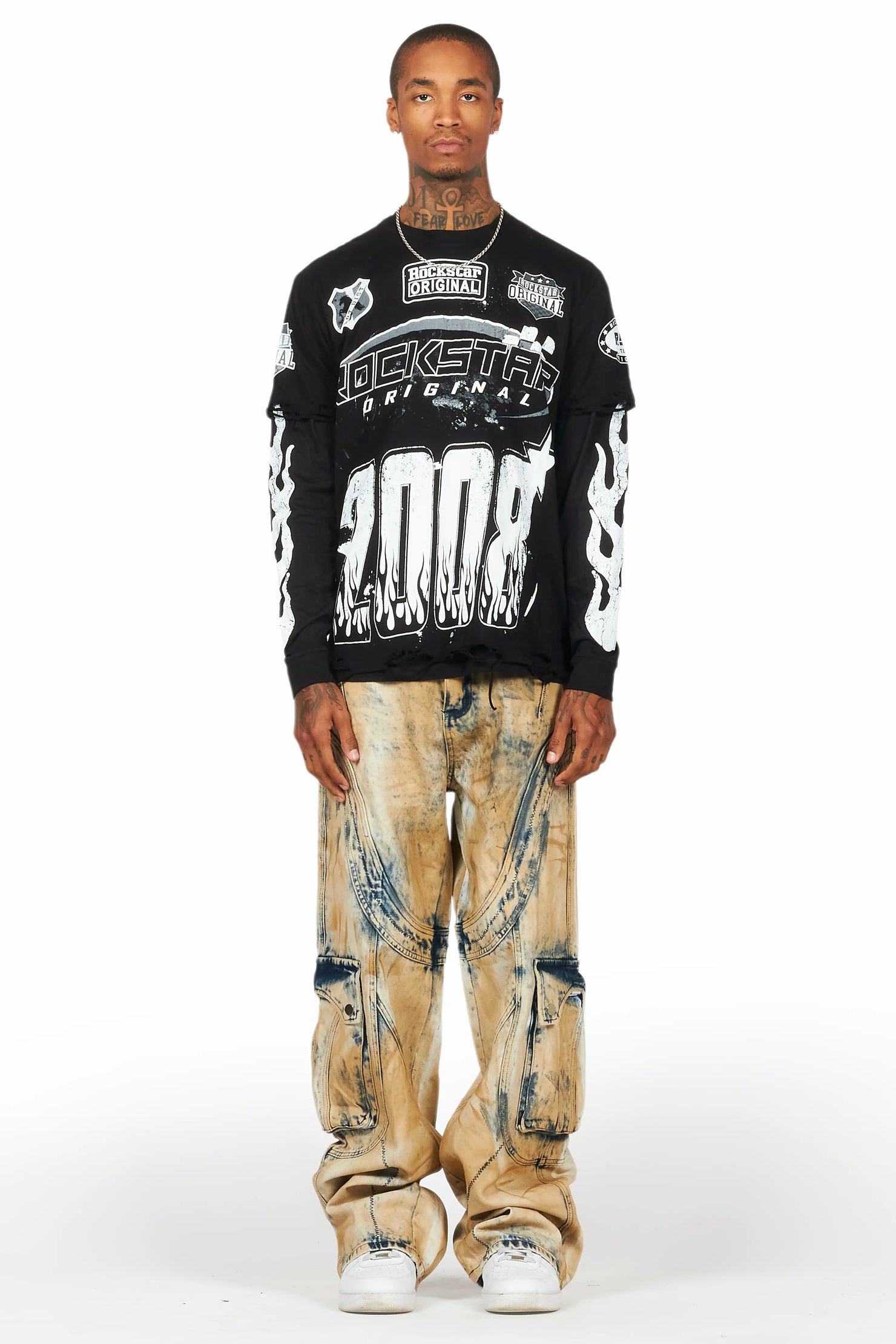 Amos Black/White Double Layer Long Sleeve Graphic T-Shirt