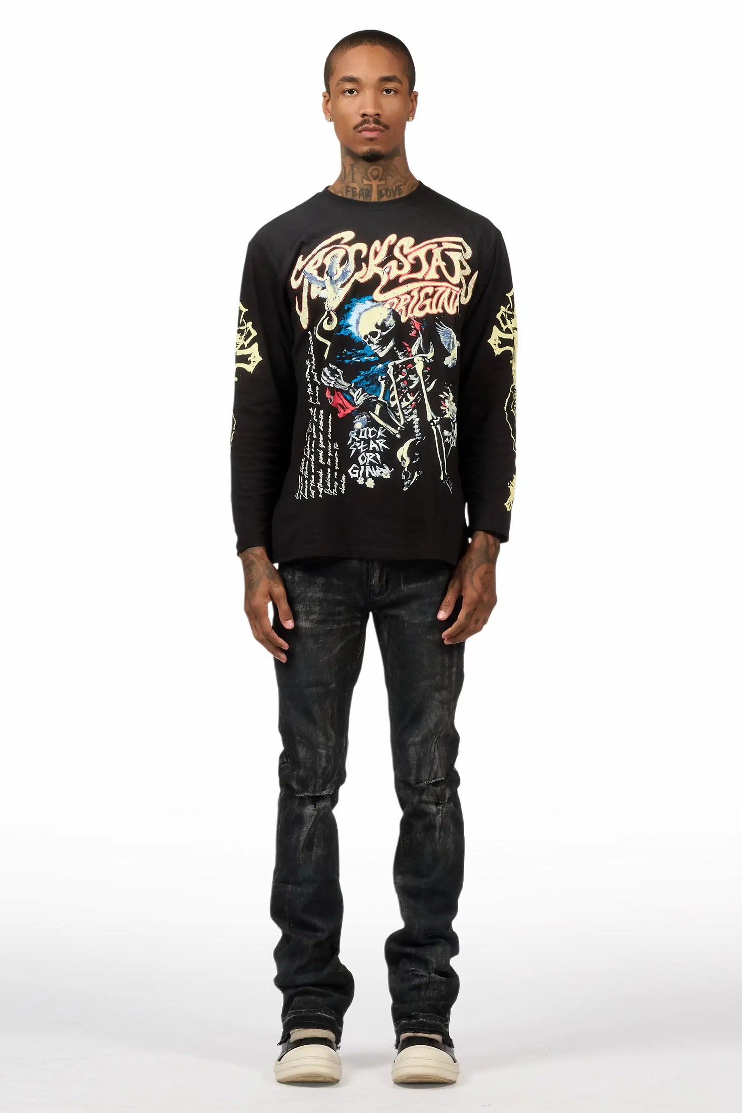 Danby Black Long Sleeve & Inkspill Grey Oil Wash Stacked Flare Jean Bundle