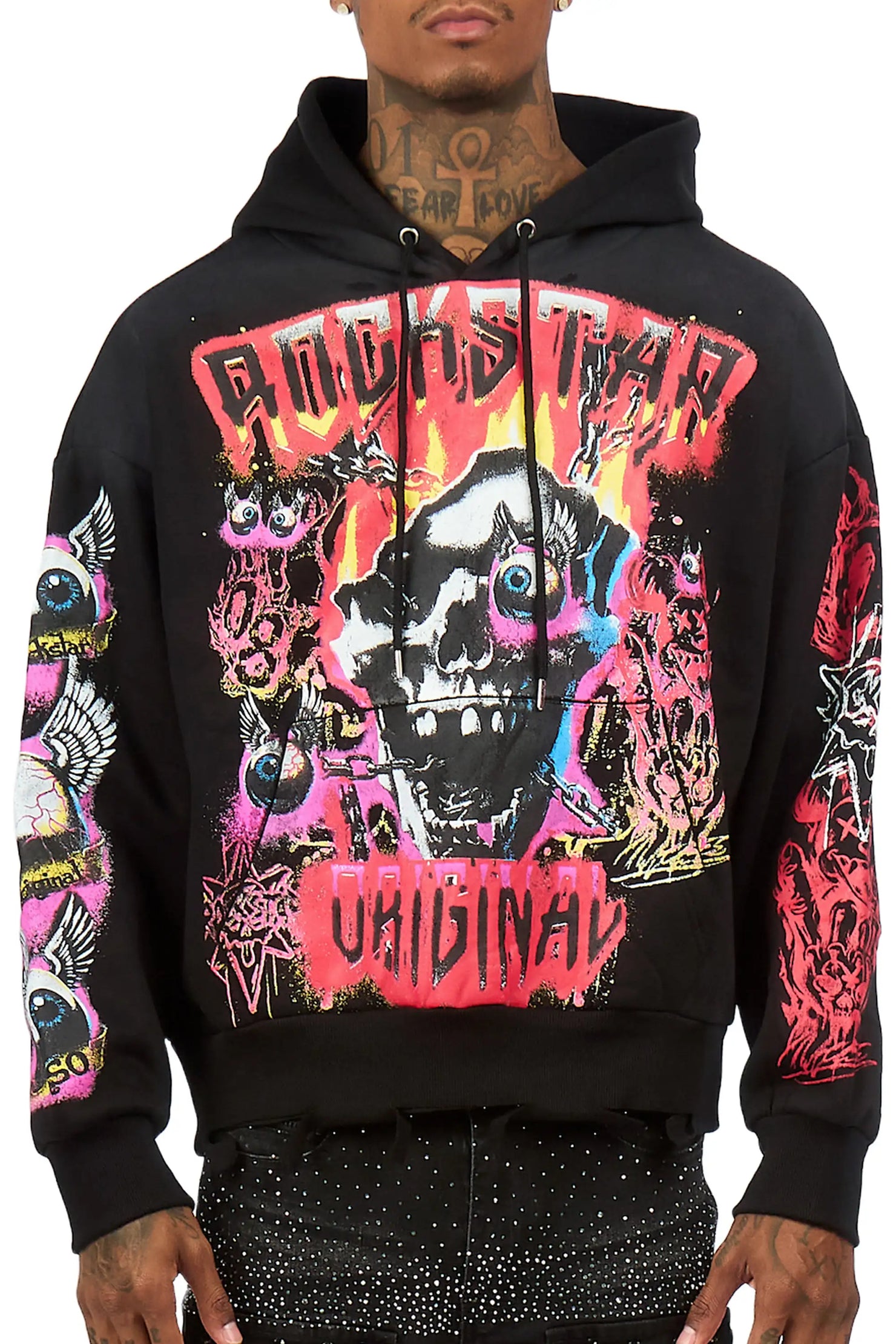 Styxx Black Distressed Graphic Relaxed Hoodie