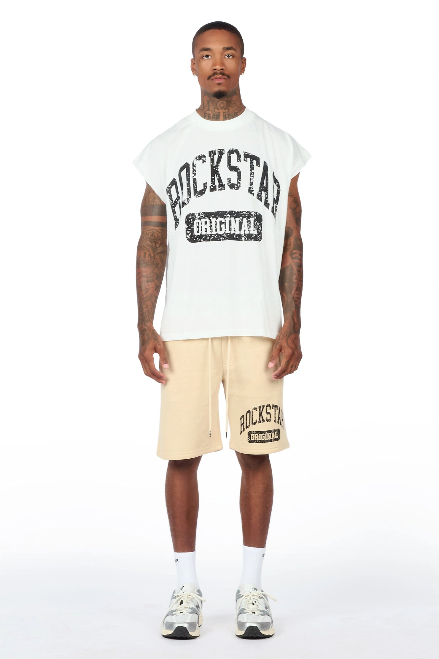 Zig White/Beige Cut Sleeve T-Shirt/Short Set