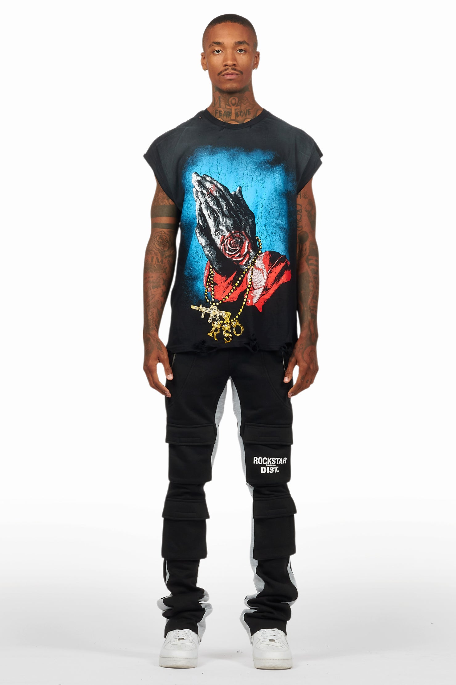 Antoon Black Stacked Flare Track Pant