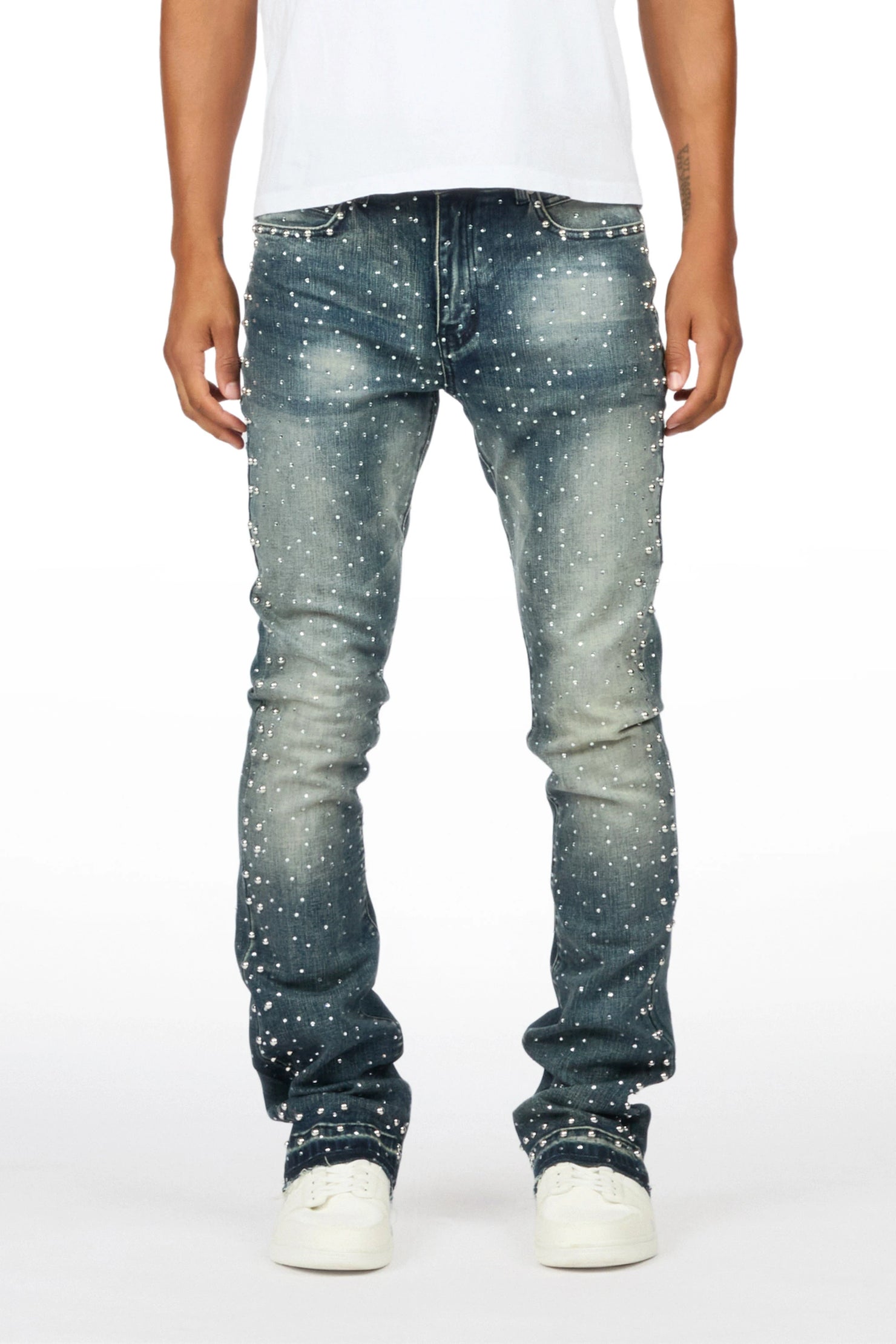 Miller Dark Blue Rhinestone Studded Stacked Flare Jean