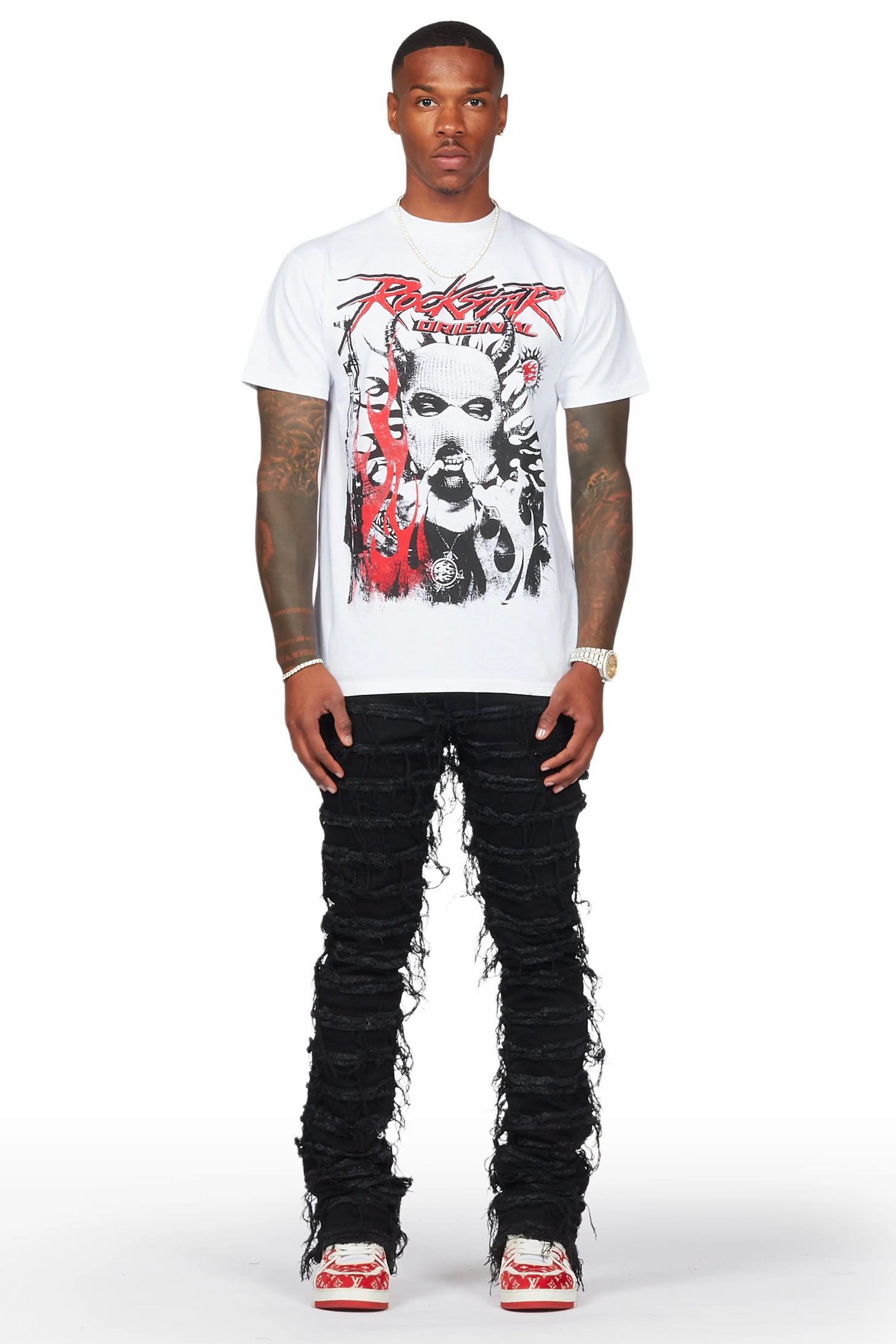 Mercy White T-Shirt & Ayan Black Stacked Flare Jean