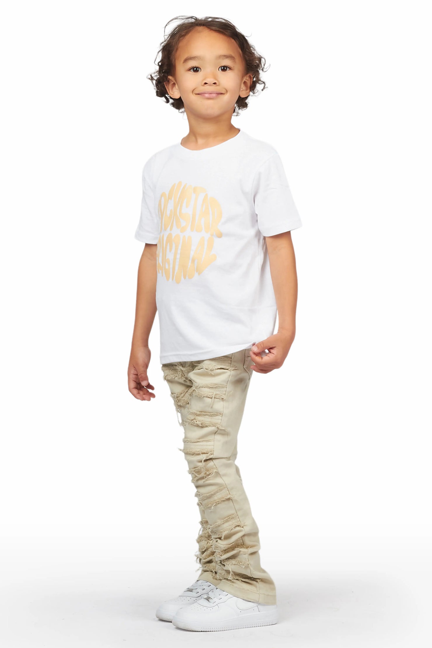 Boys Qabil White T-Shirt/Frayed Skinny Stacked Flare Jean Set