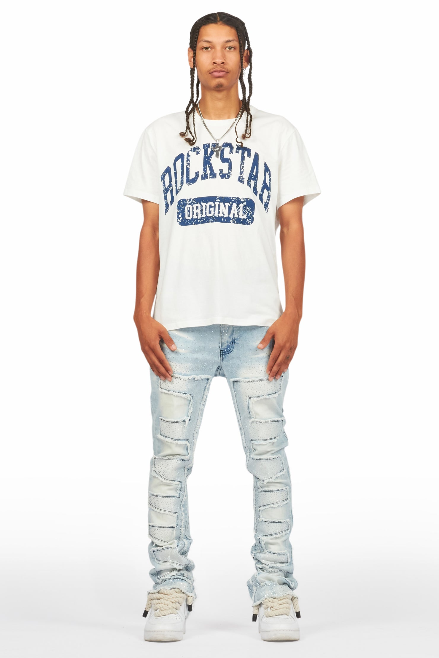 Shake Light Blue Rhinestone Stacked Flare Jean