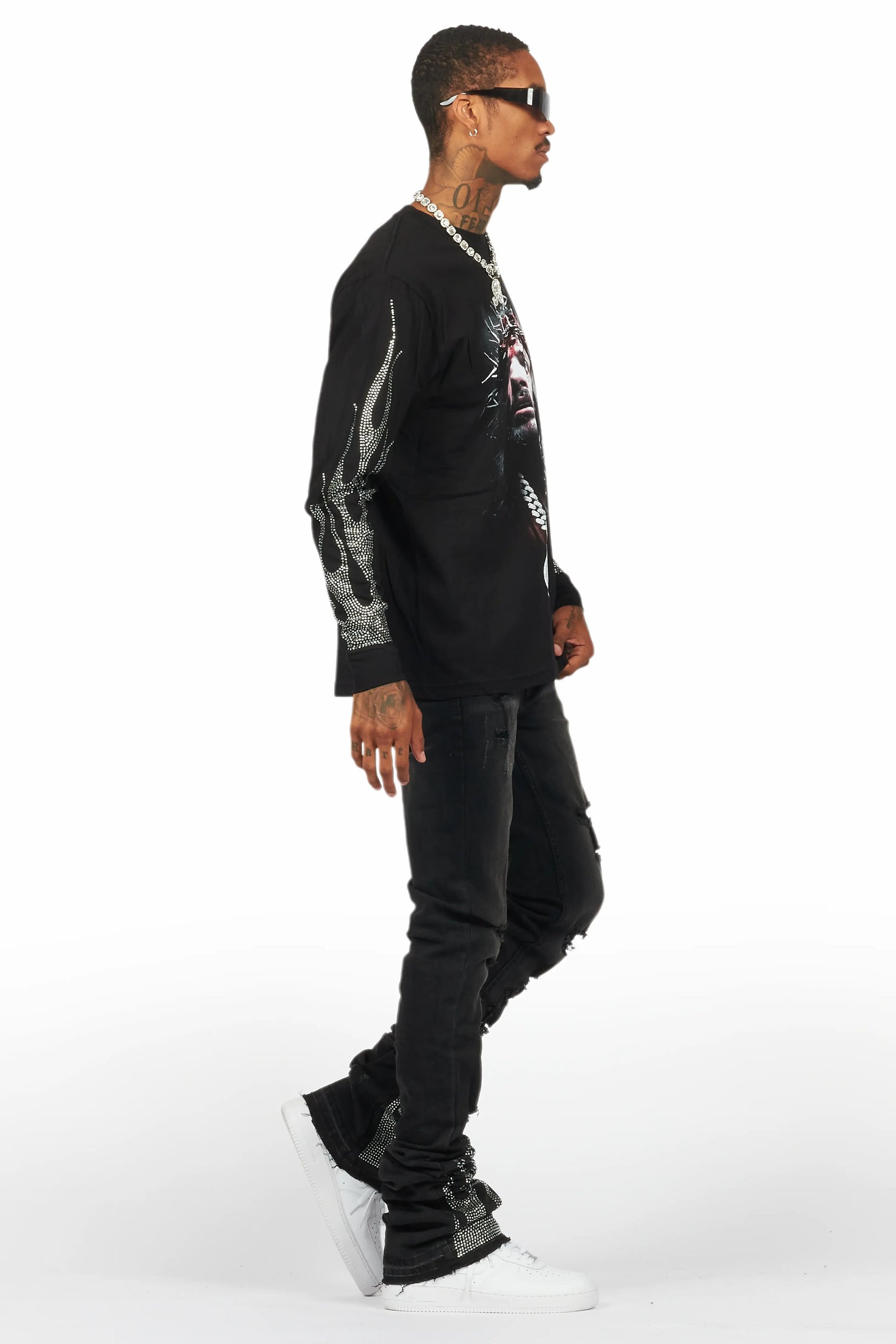 Amina Black Rhinestone Long Sleeve T-Shirt/Super Stacked Flare Jean Set