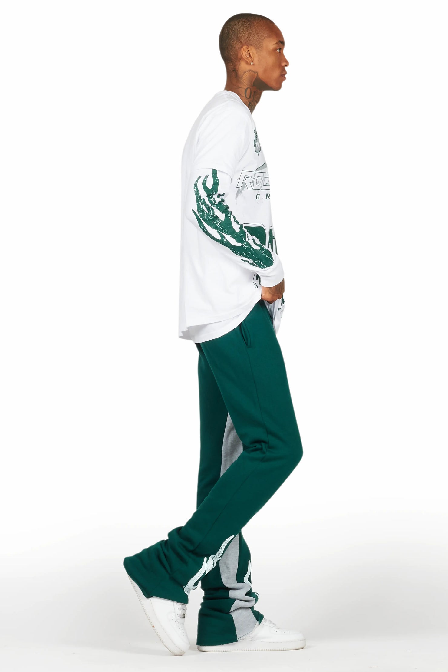 Amos White/Green Double Layer T-Shirt/Stacked Baggy Pant Set