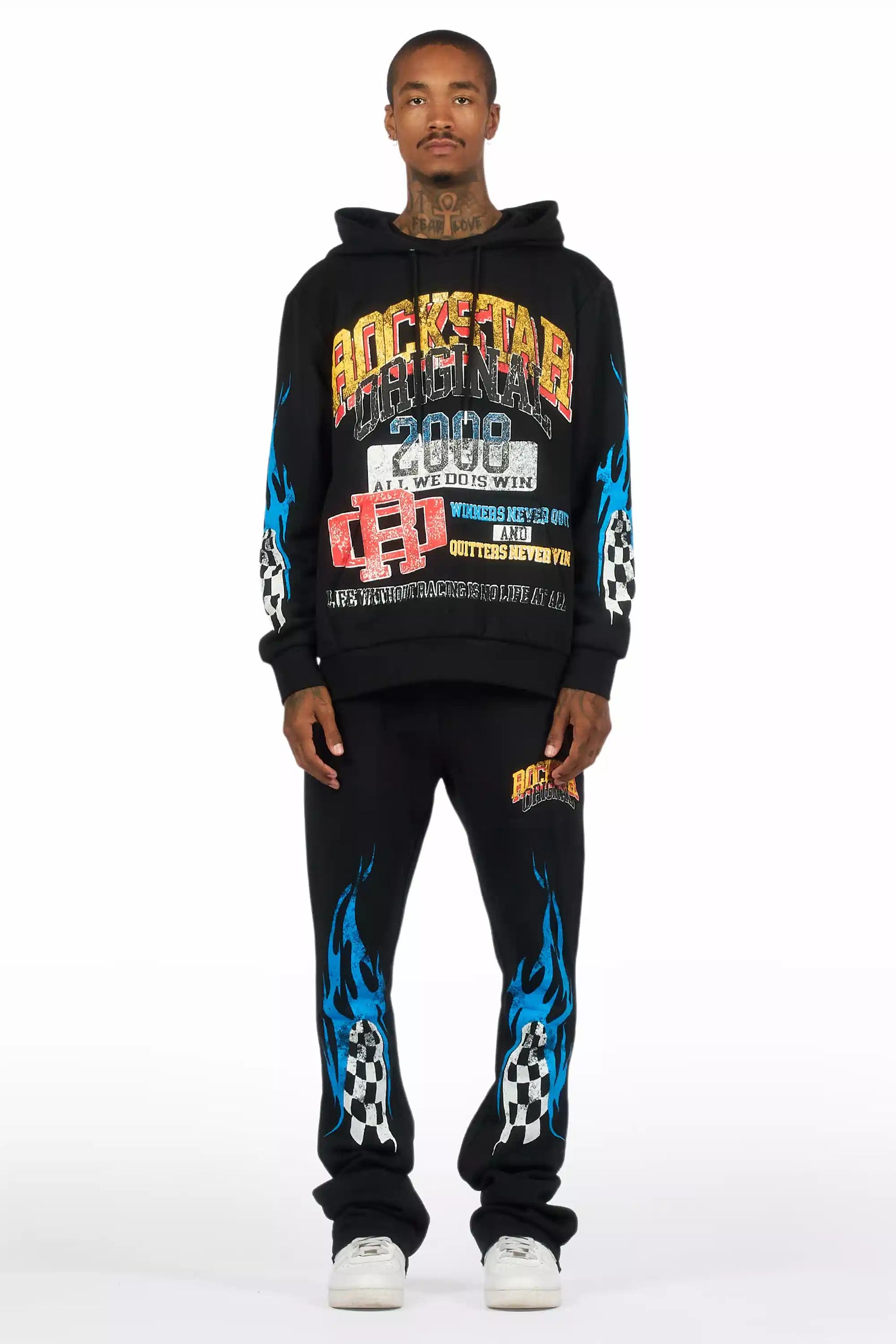 Colorful Race Black Hoodie Stacked Track Set