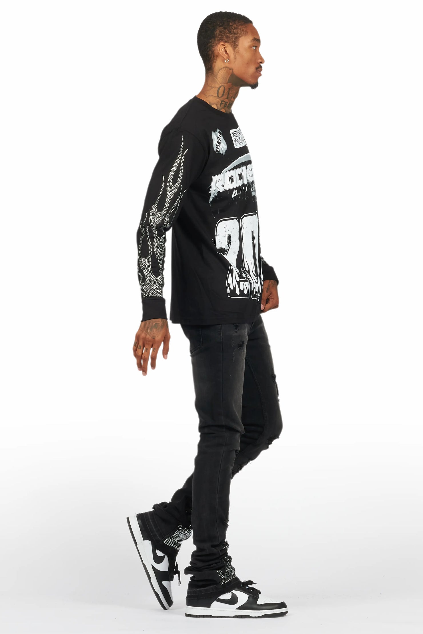 Amos Black Rhinestone Long Sleeve T-Shirt/Super Stacked Flare Jean Set