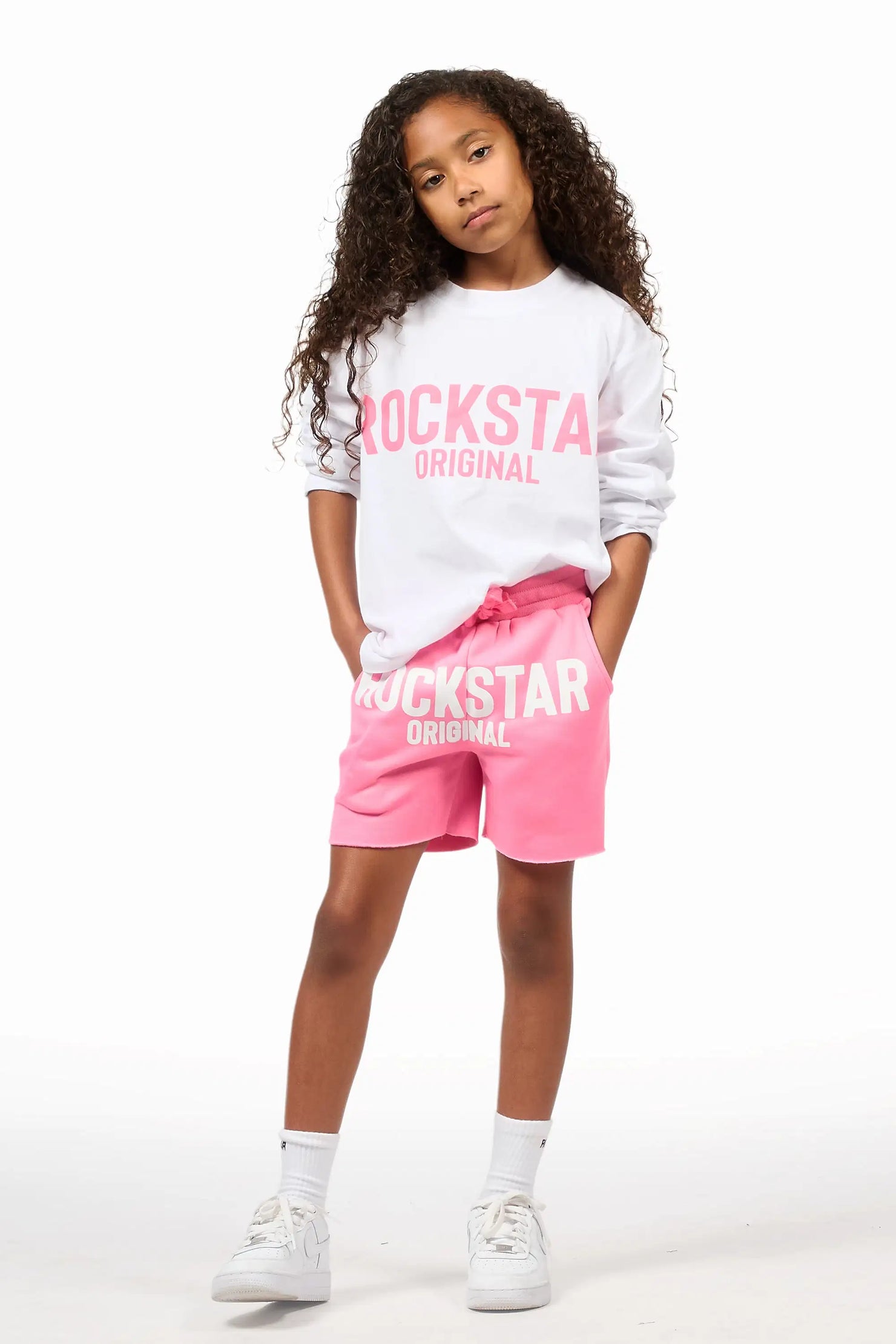 Girls Mikassa 2.0 White/Pink L/S T-Shirt Short Set