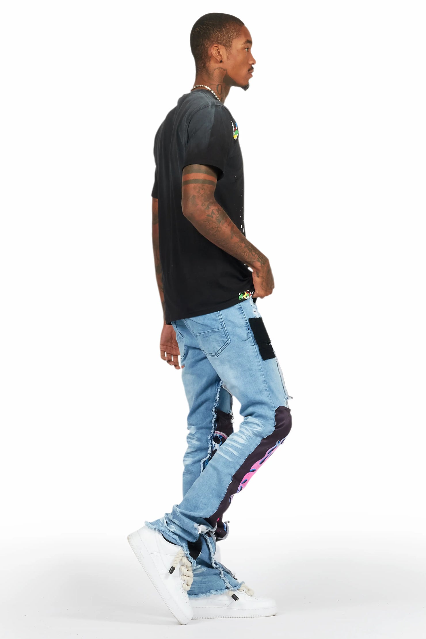 Helios Blue Patchwork Stacked Flare Jean