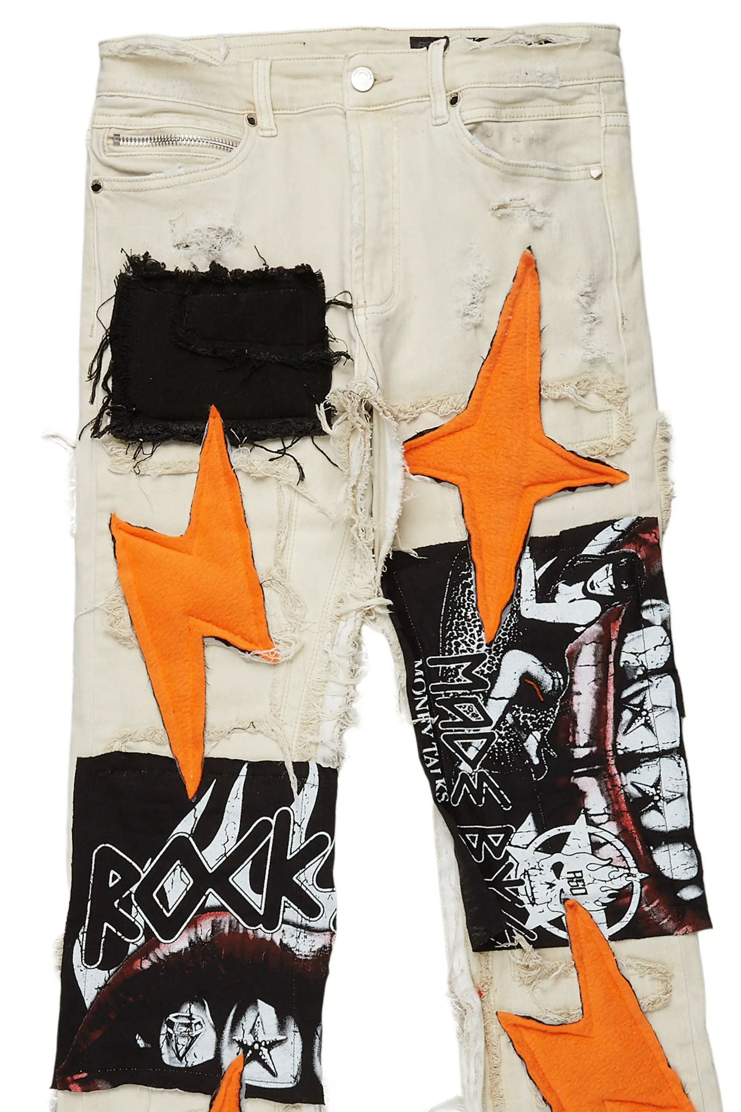 Calais Beige/Orange Patchwork Stacked Flare Jean