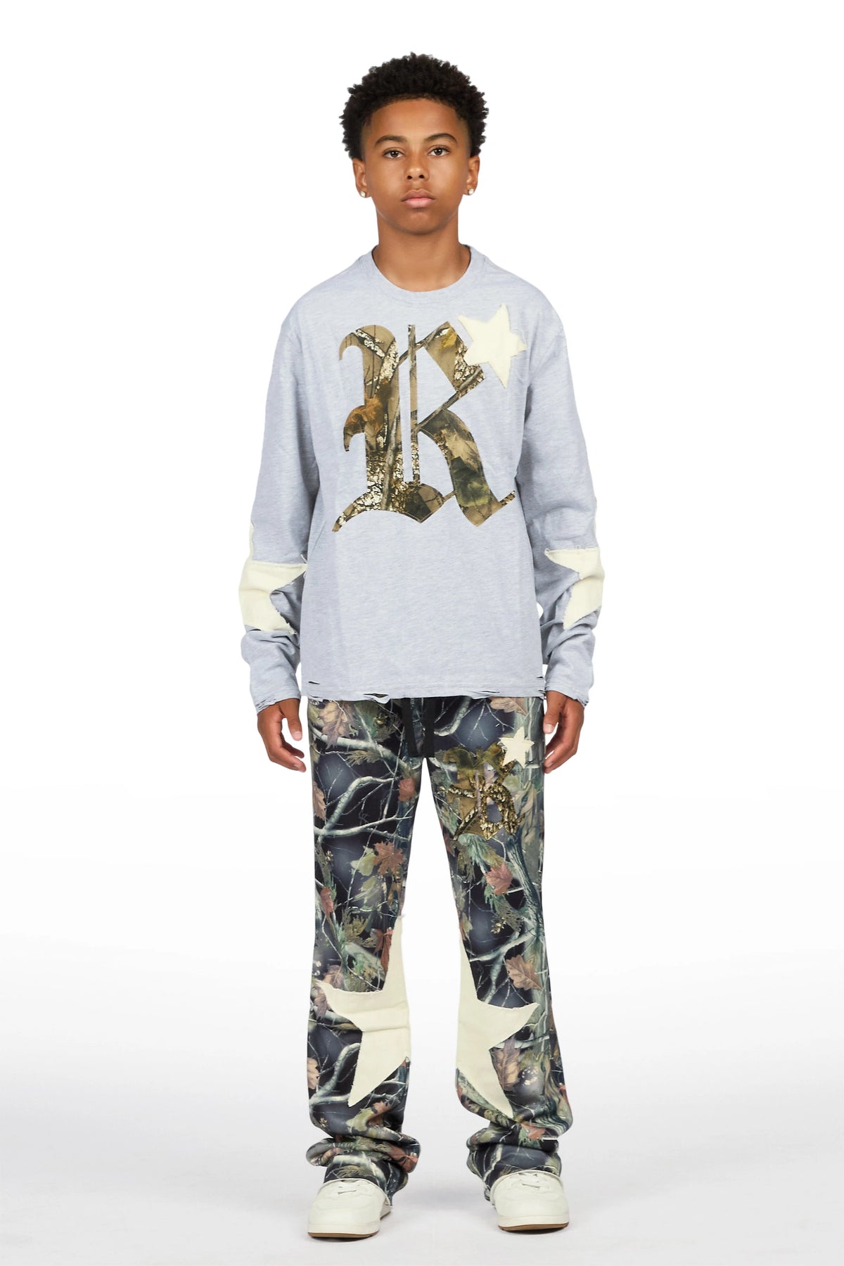 Boys Delgero Heather Grey/Camo Long Sleeve T-Shirt Track Set