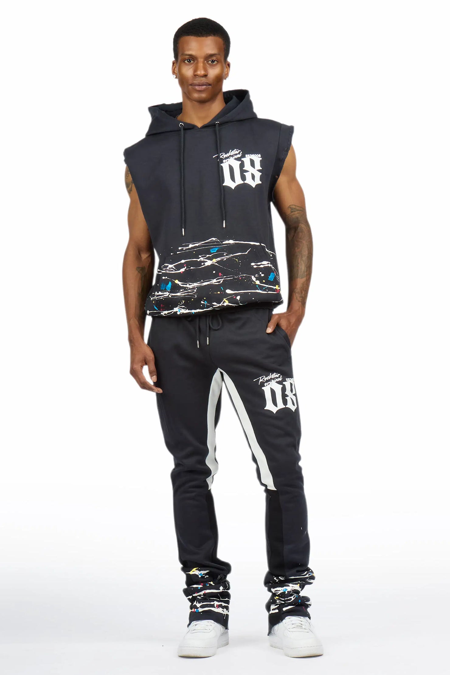 Horia Charcoal/Multi Cut Sleeve Hoodie/Stacked Pant Track Set