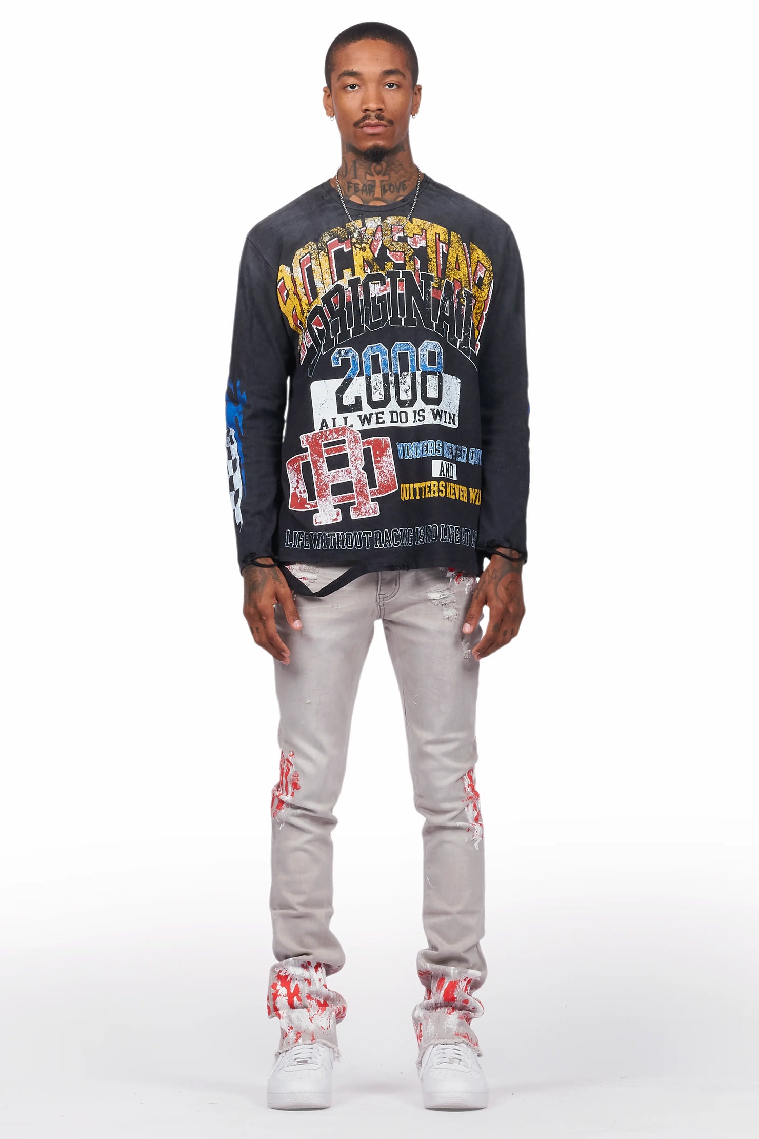 Colorful Race Vintage Black Long Sleeve Graphic T-Shirt