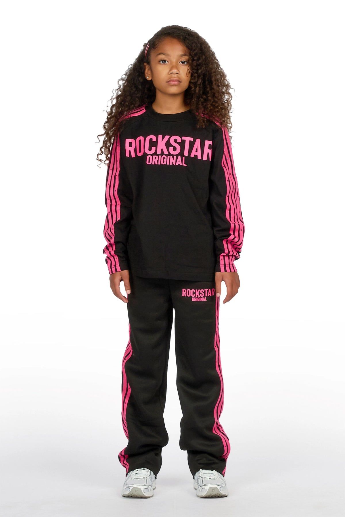 Girls Gulisa Black/Pink Rhinestone Long Sleeve Shirt Relaxed Track Set