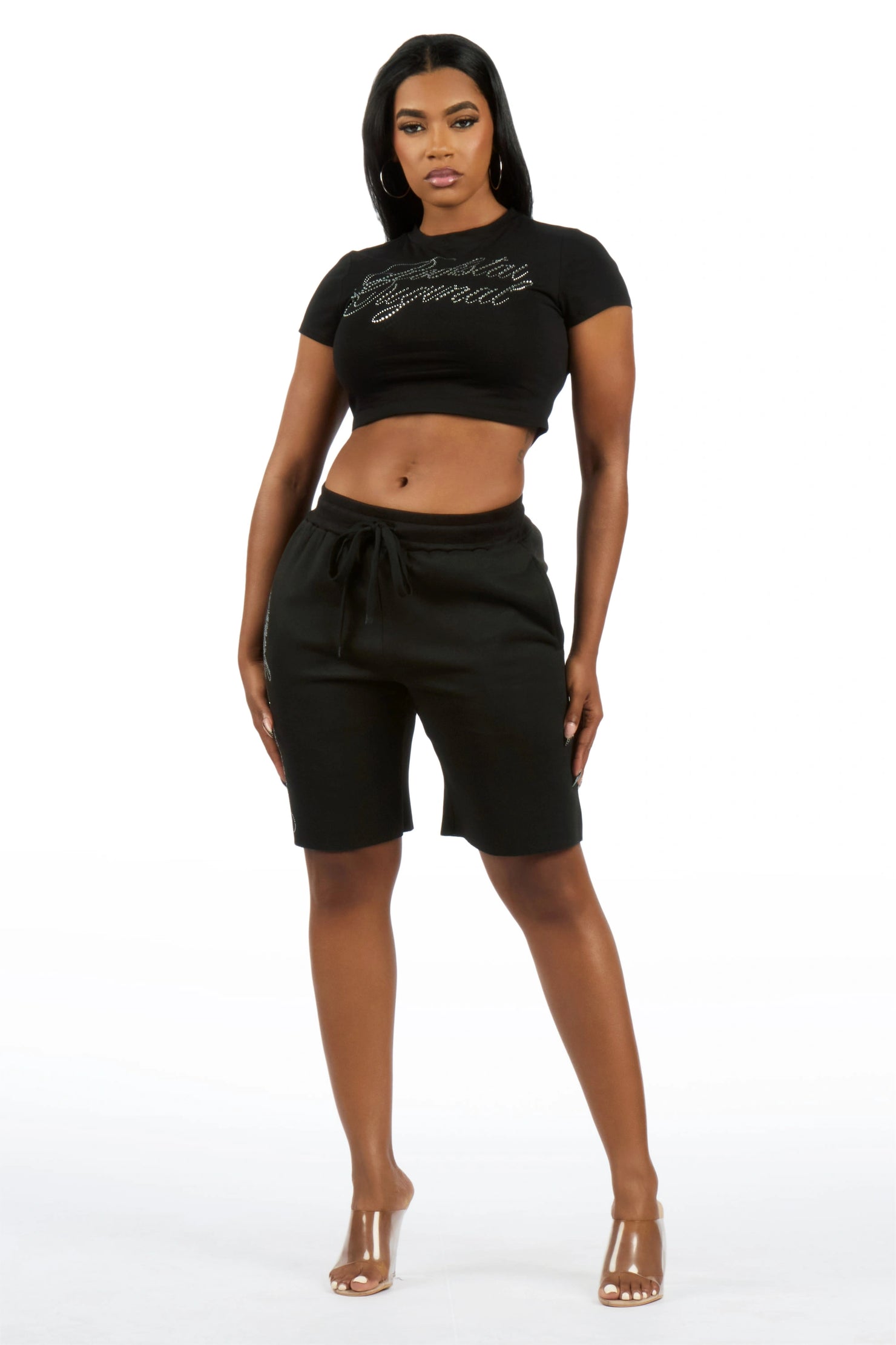 Taiesha Black Rhinestone T-Shirt Short Set