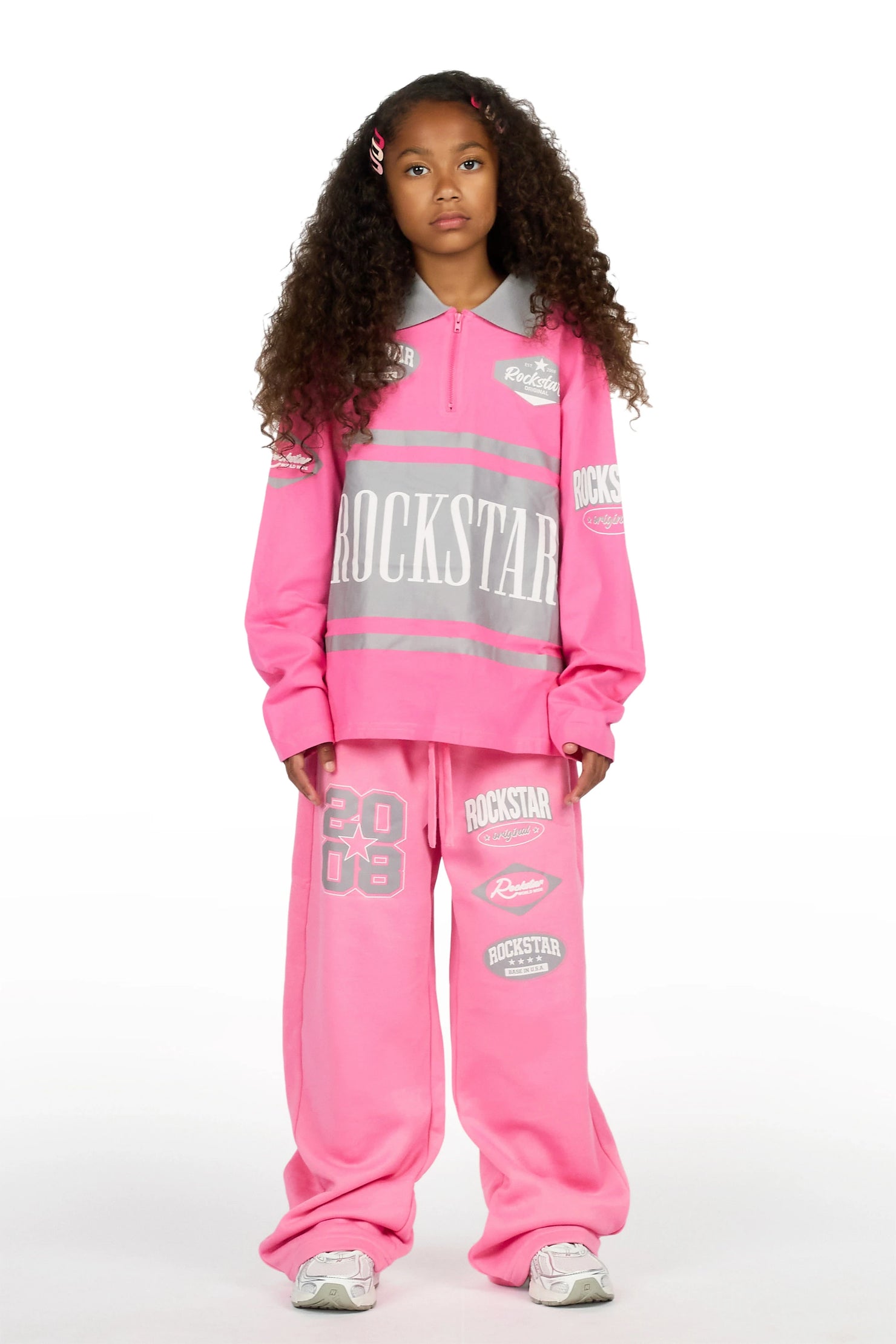Girls Versenya Bubblegum/Grey Long Sleeve Polo Track Set