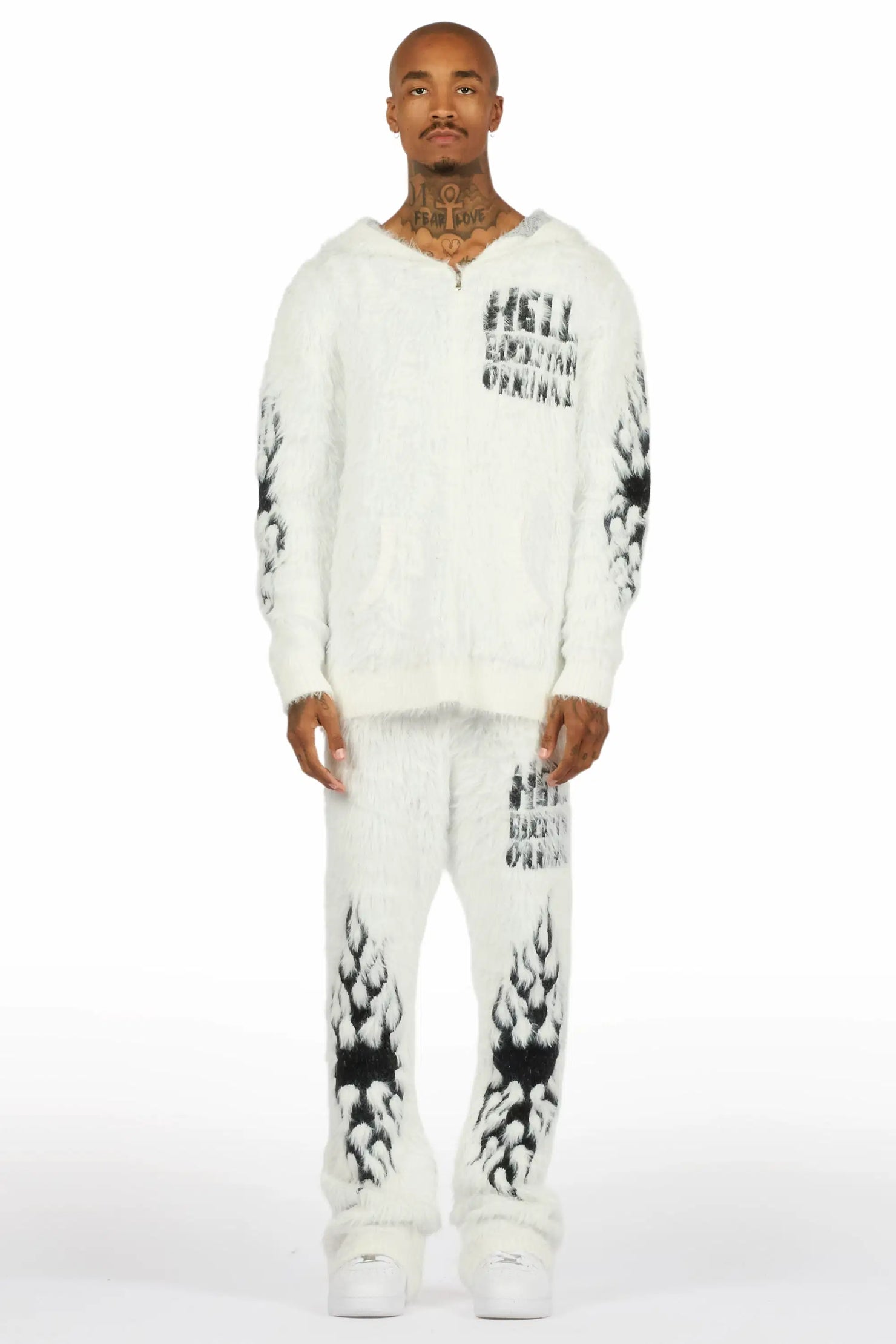 Toshio White Stacked Flare Knitted Mohair Track Set