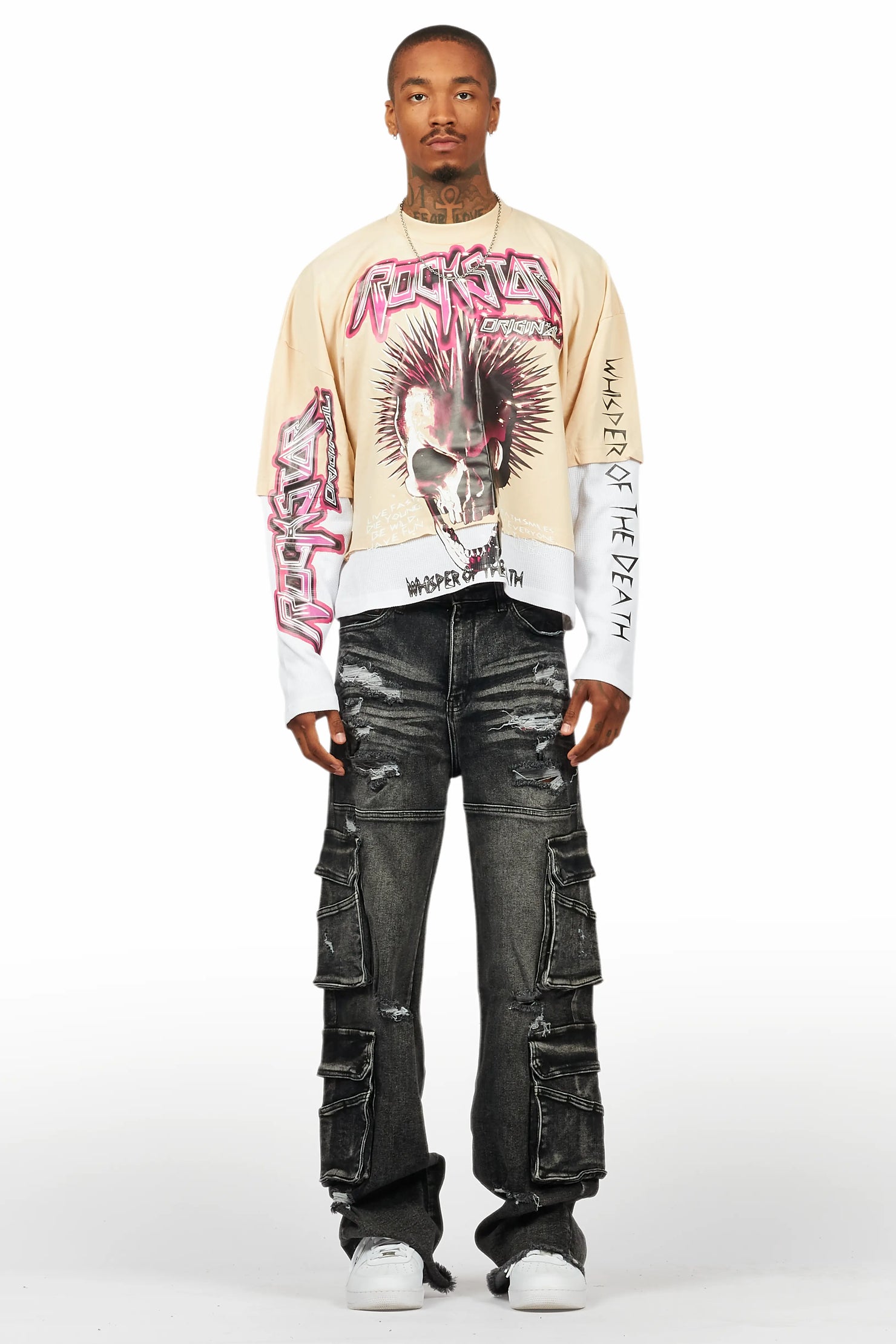 Cariel Vintage Sand Thermal Double Layer Boxy Crop T-Shirt