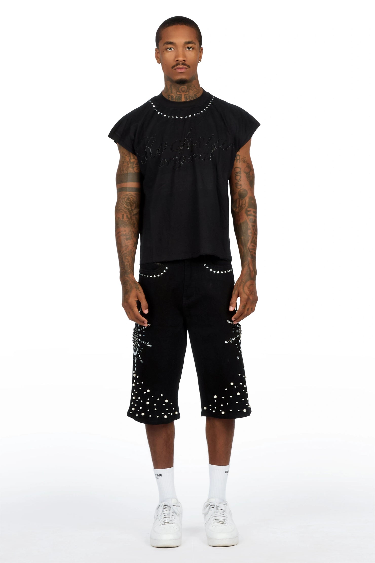 Tryst Black Rhinestone Cut Sleeve T-Shirt Denim Short Set