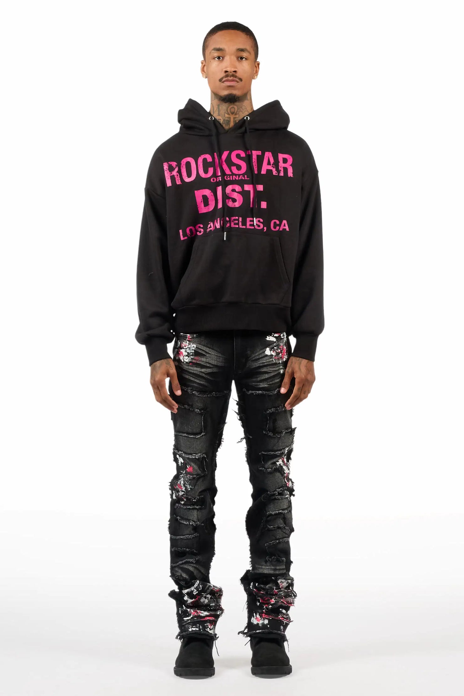 Saxon Pink/Black Hoodie/Stacked Flare Jean Set
