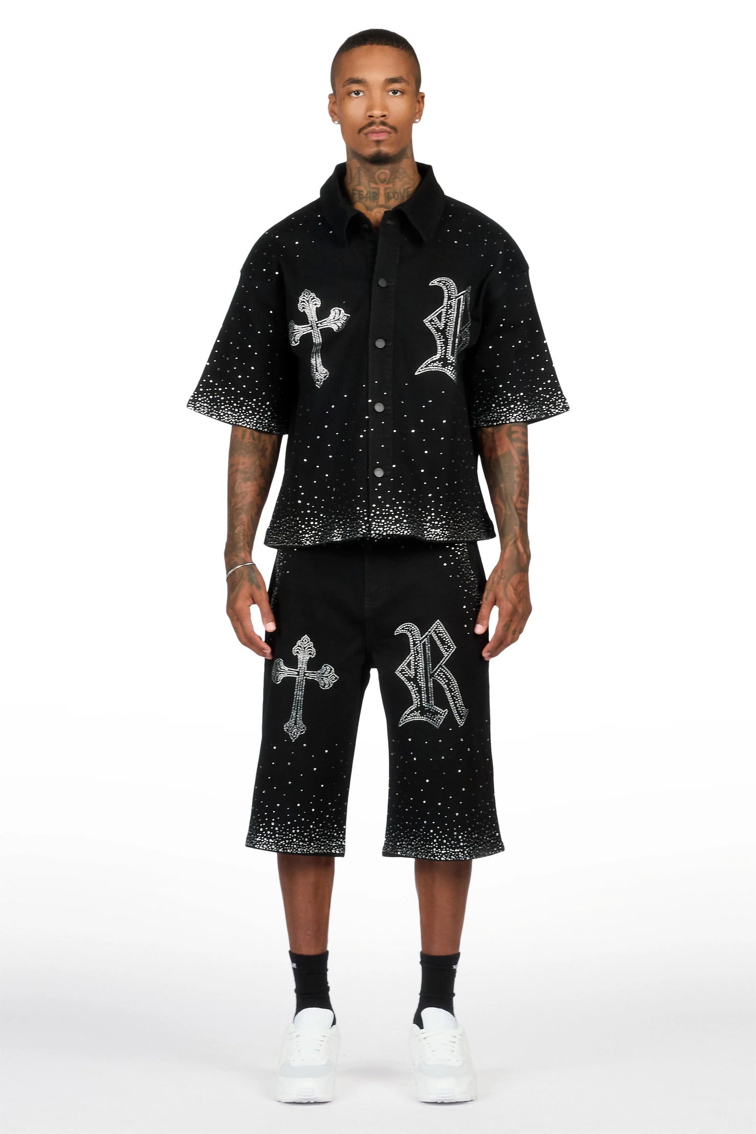 Clemente Jet Black Rhinestone Button Down Shirt Jort Set