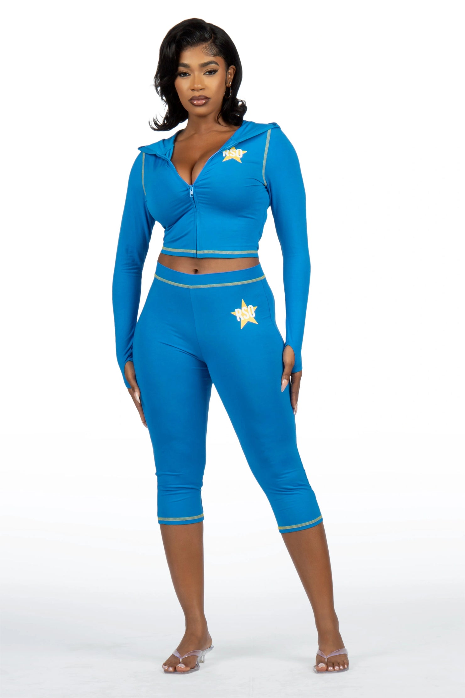 Sharina Blue Zip Up Capri Set