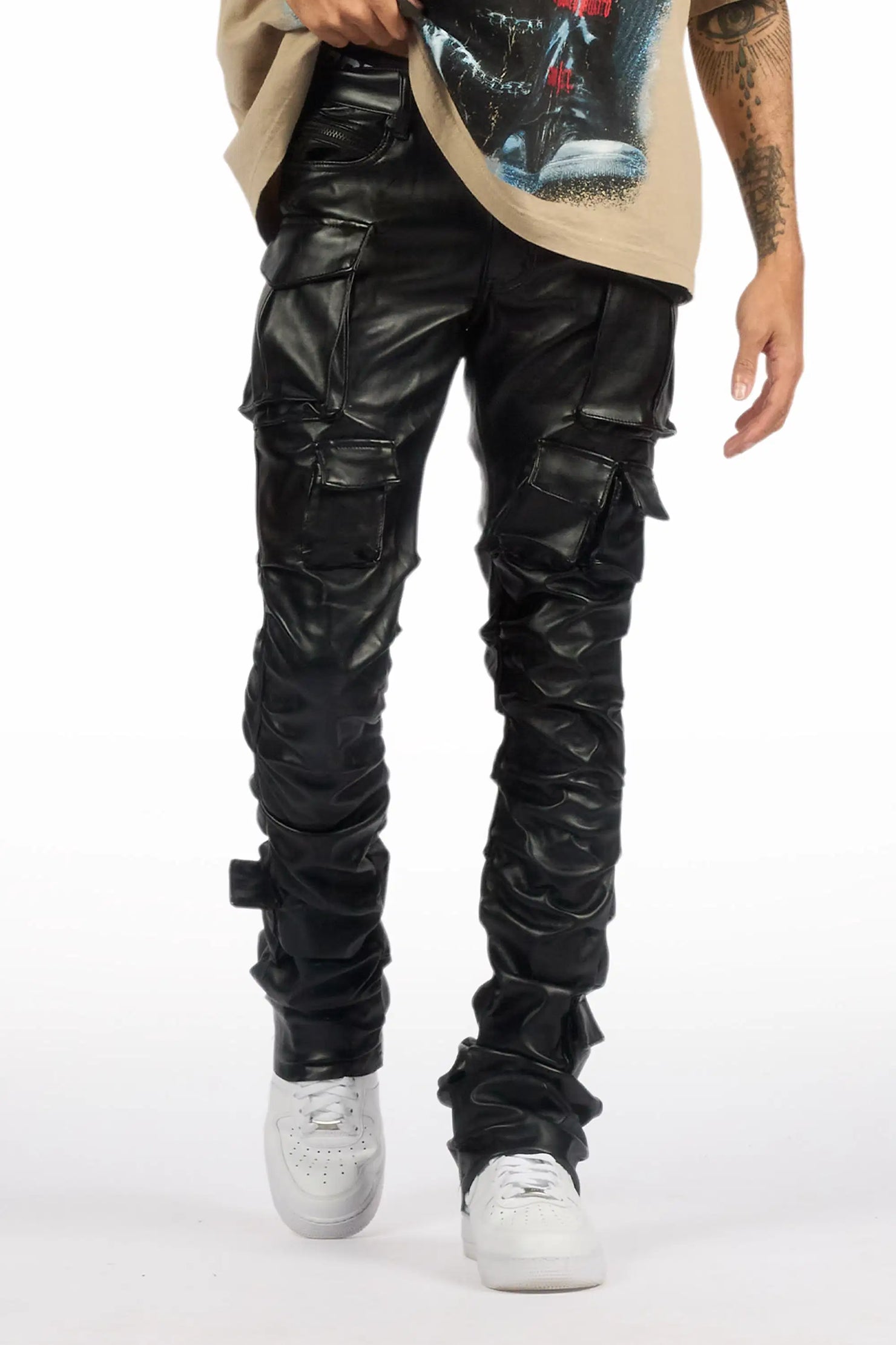 Gentry Black Stacked Flare PU Pants
