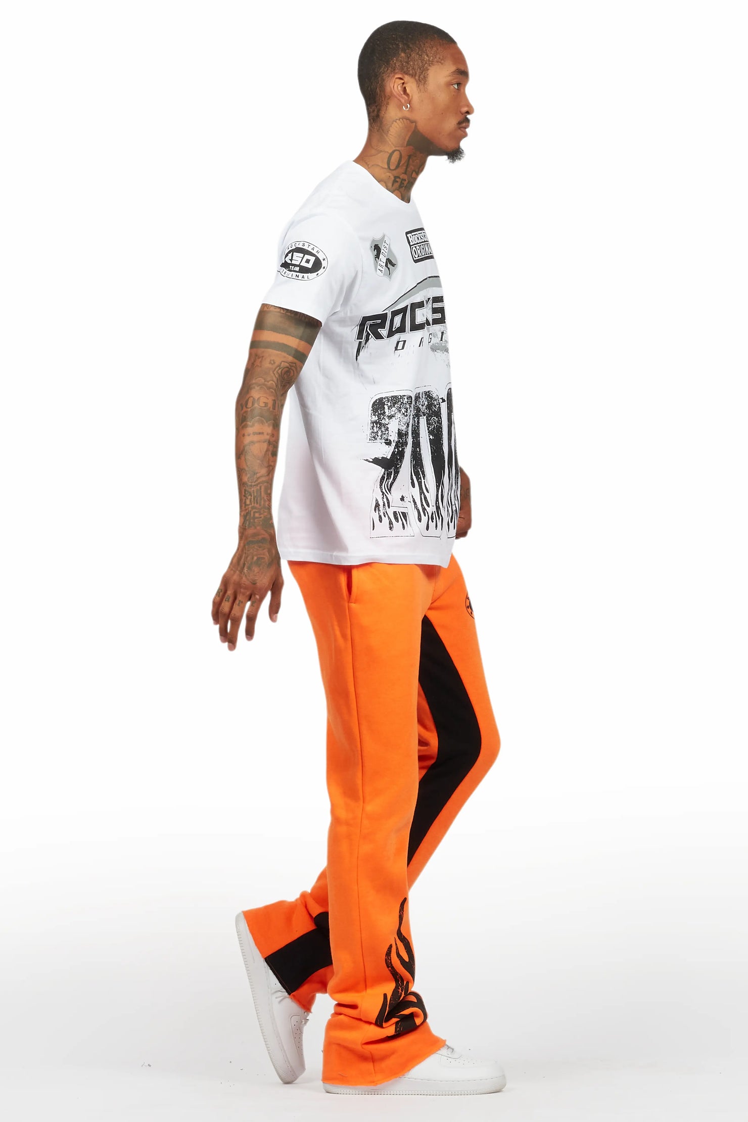 Amos White/Orange T-Shirt/Stacked Baggy Track Pant Set