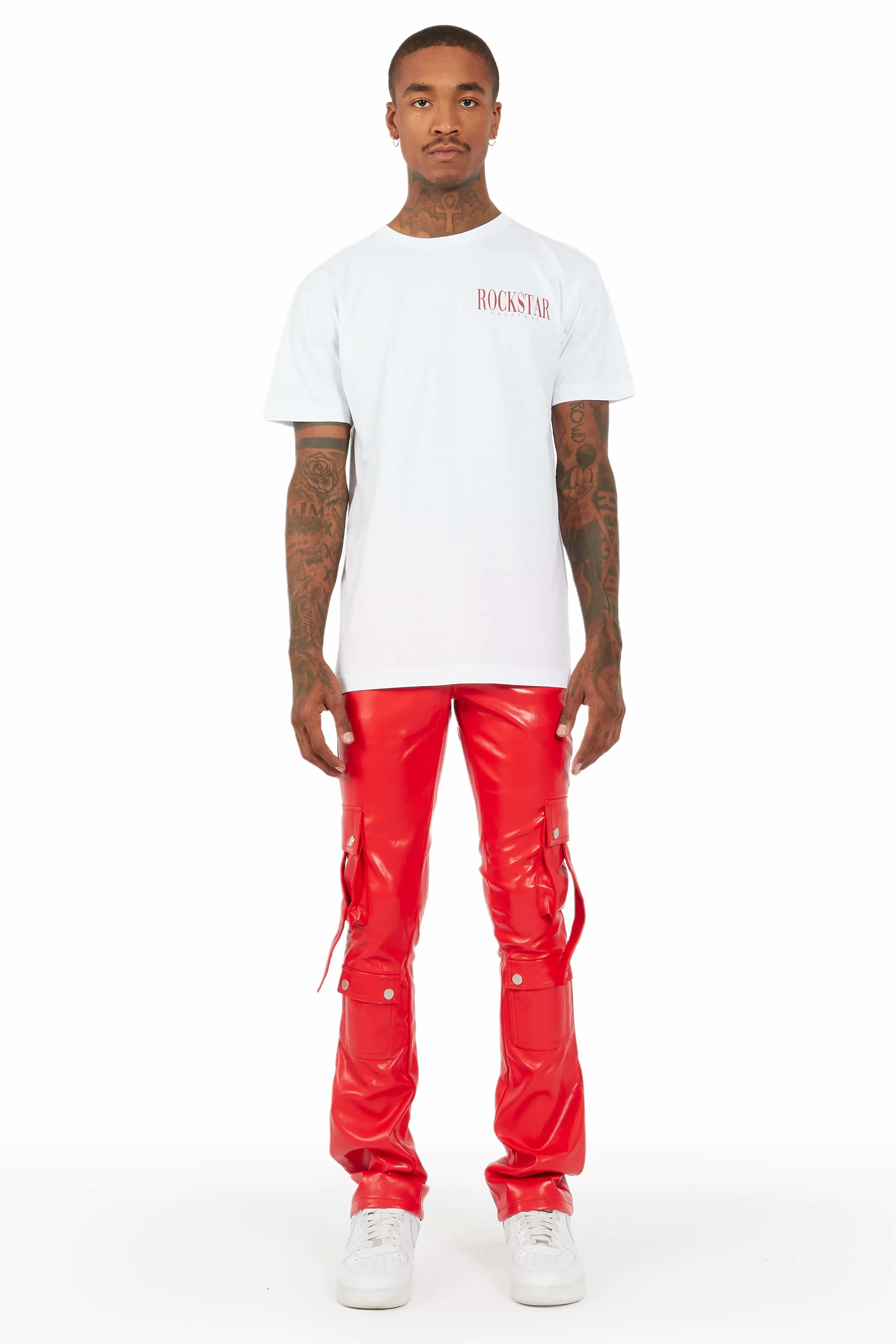 Errol Red Faux Leather Stacked Cargo Jean
