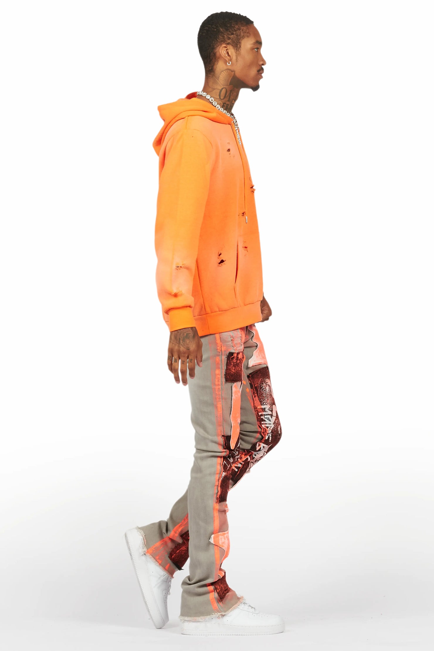 Valko Grey/Orange Roller Paint Stacked Flare Jean