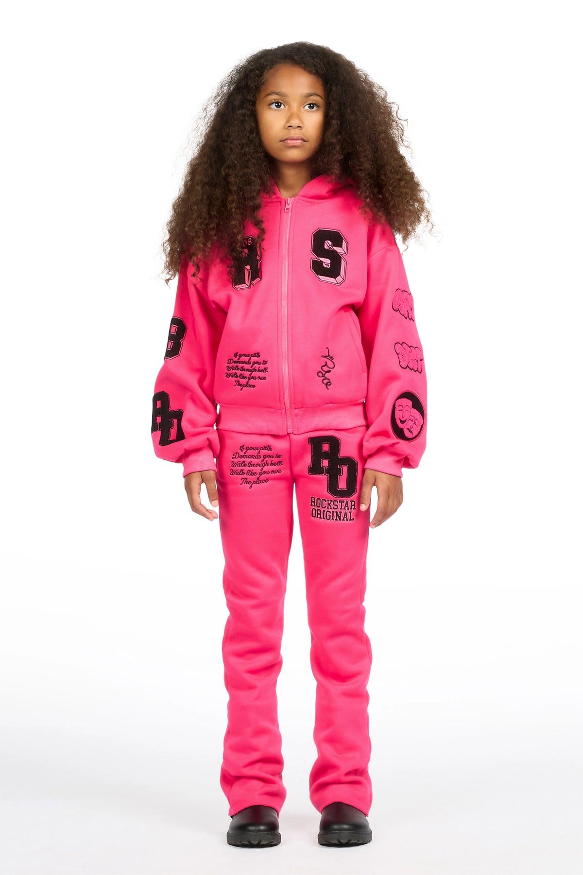 Girls Leslee Pink/Black Hoodie/Stacked Flare Track Set