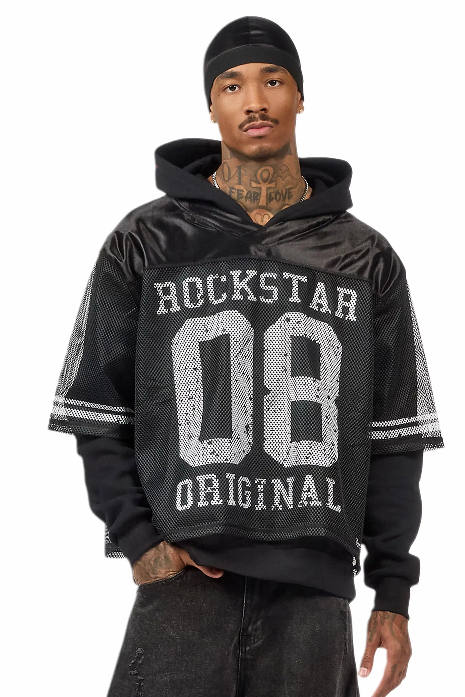 Syncamore Black/White Double Layer Graphic Jersey Hoodie