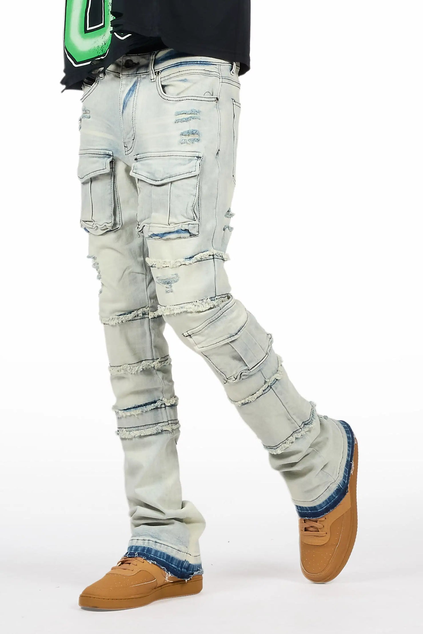 Folant Light Blue Stacked Cargo Flare Jean