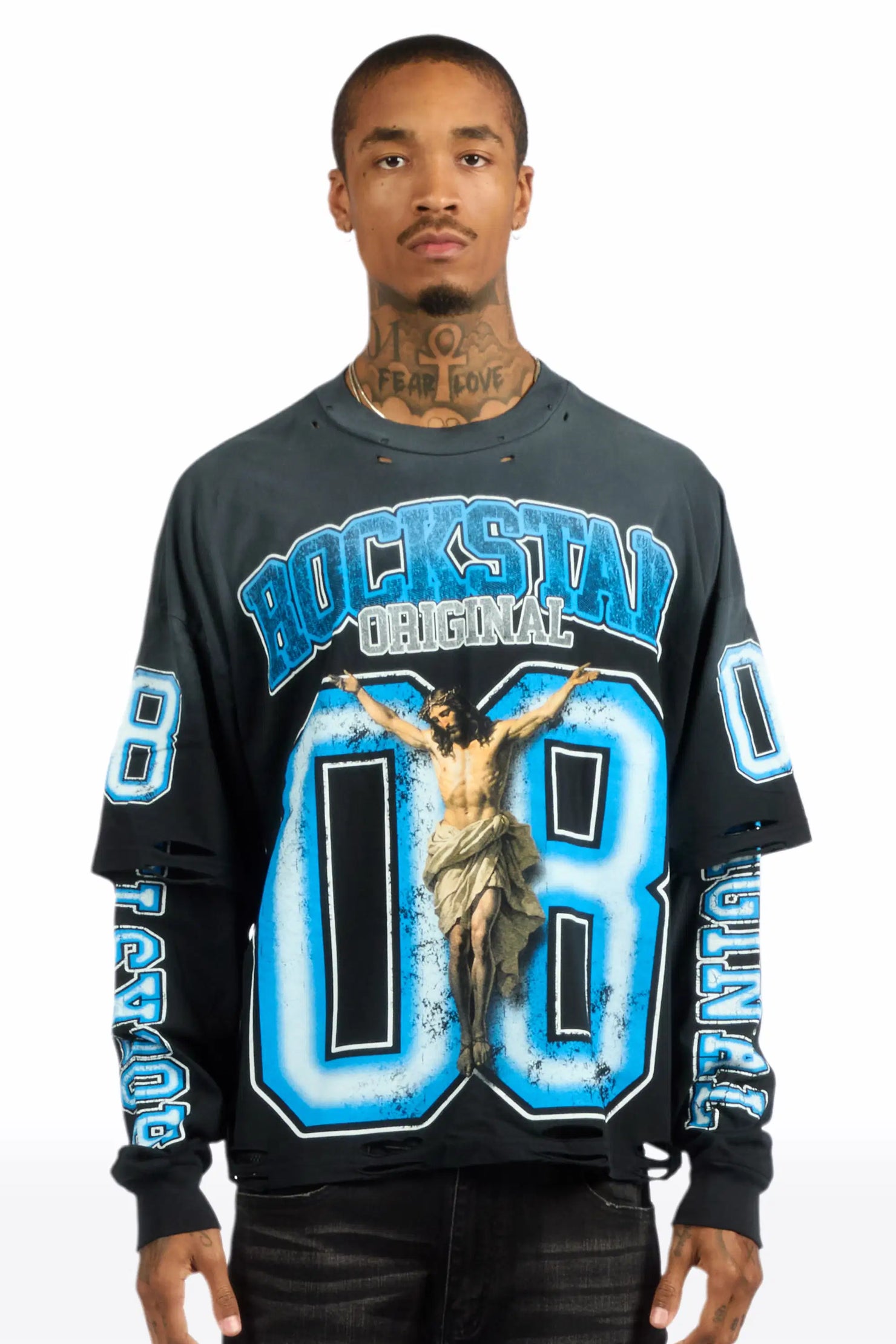 Fields Black/Blue Double Layer Long Sleeve Graphic T-Shirt
