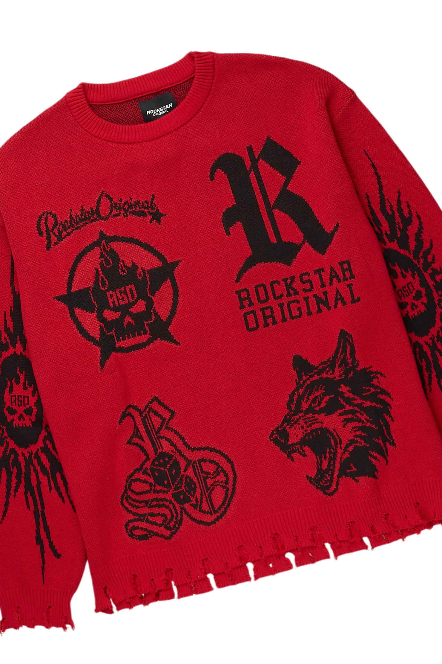 Fagan Red Knit Sweater & Nard Stacked Flare Tapestry Jean Bundle