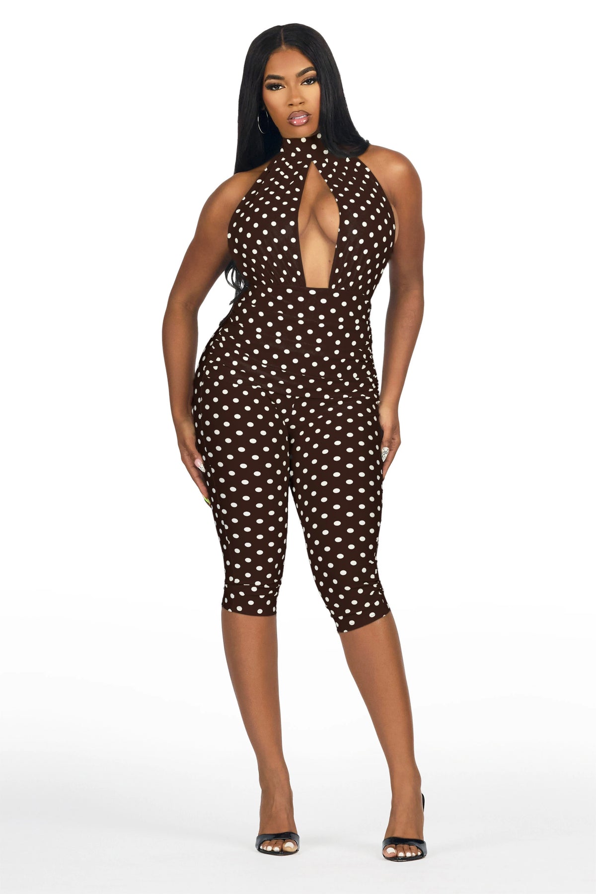Dott-ed Brown Polka Dot Capri Jumpsuit