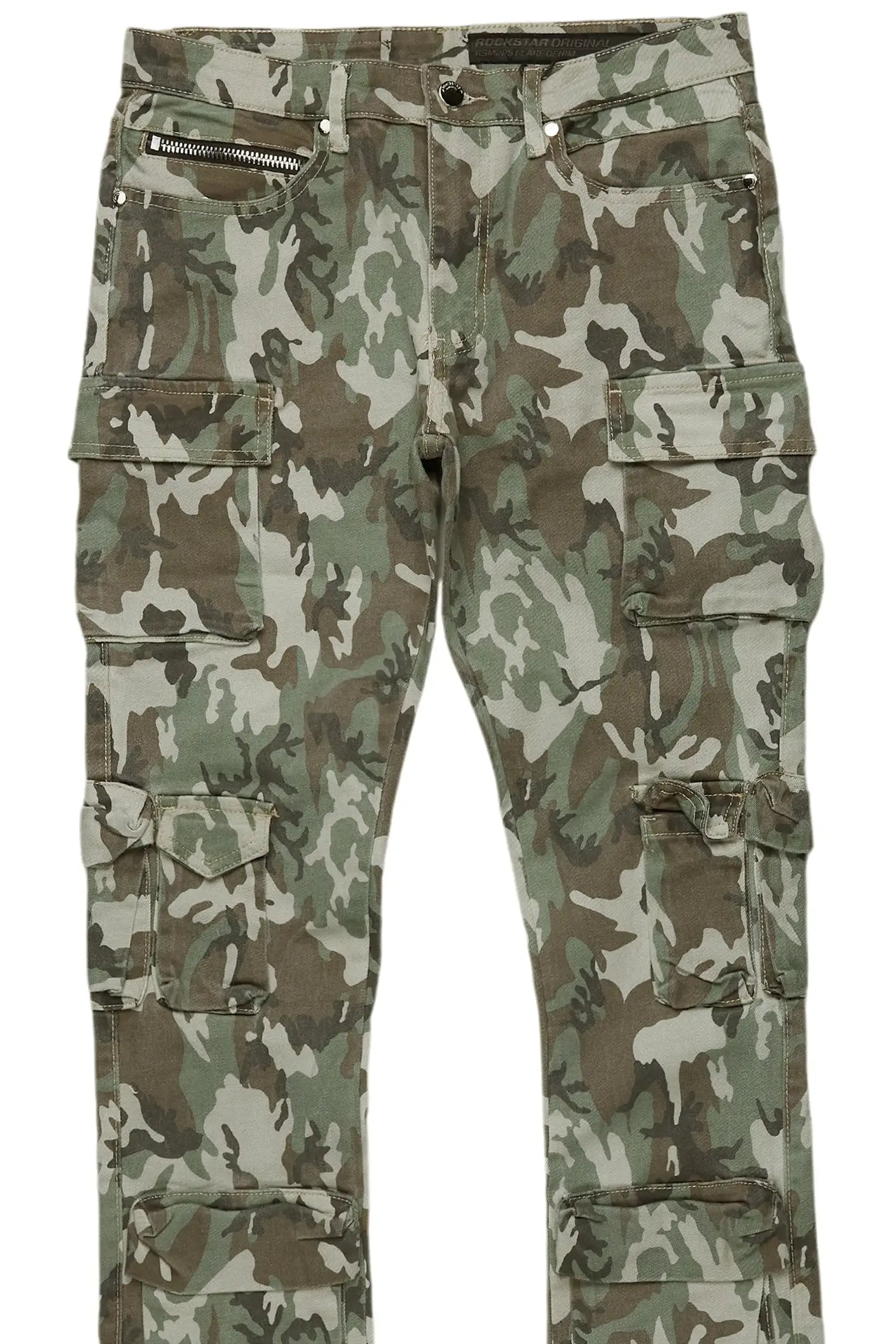 Yves Green Camo Stacked Flare Cargo Jean