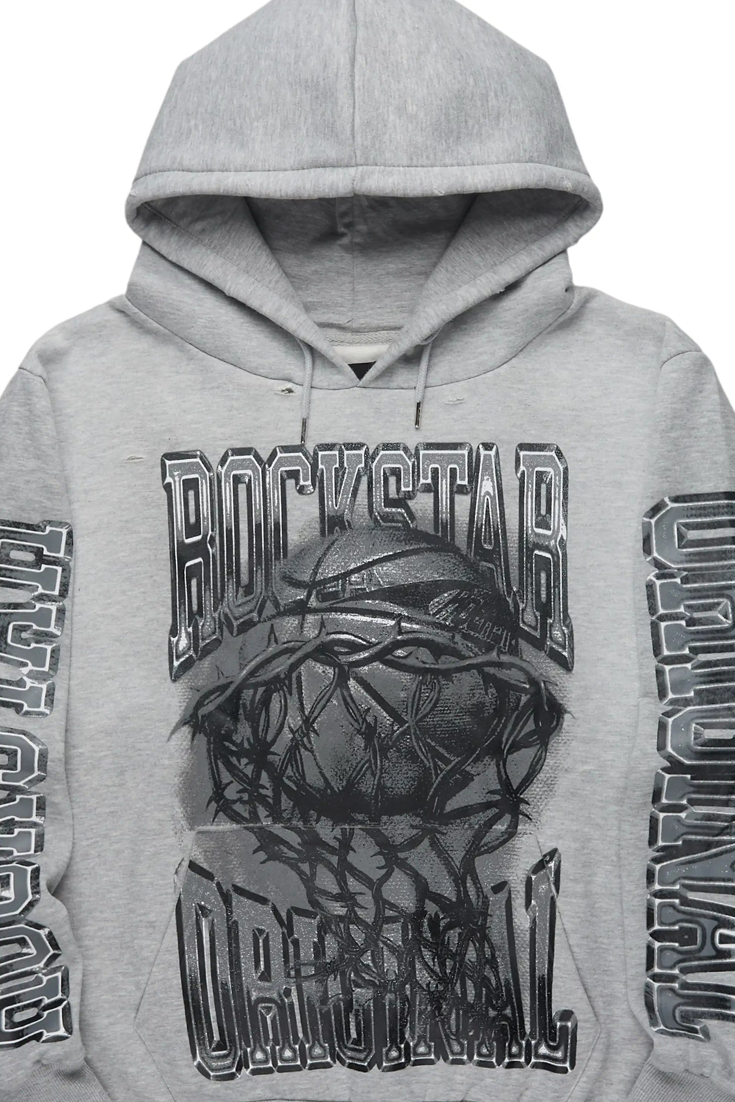 Rleague Grey Distressed Graphic Relaxed Hoodie