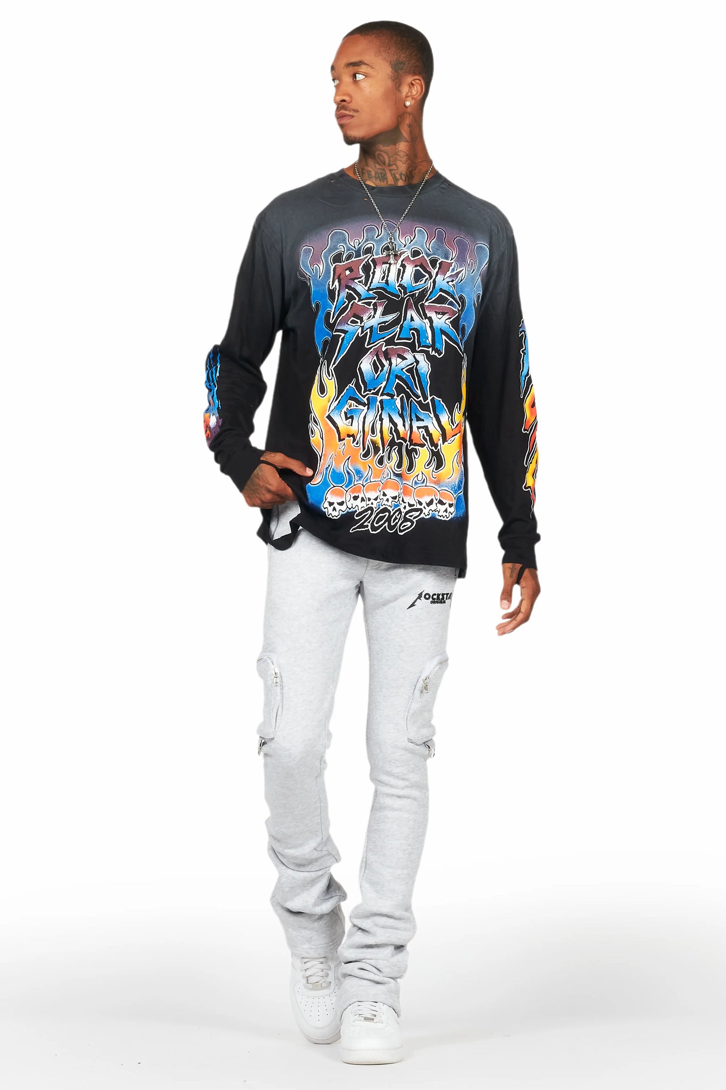 Colin Heather Grey Stacked Flare Track Pant