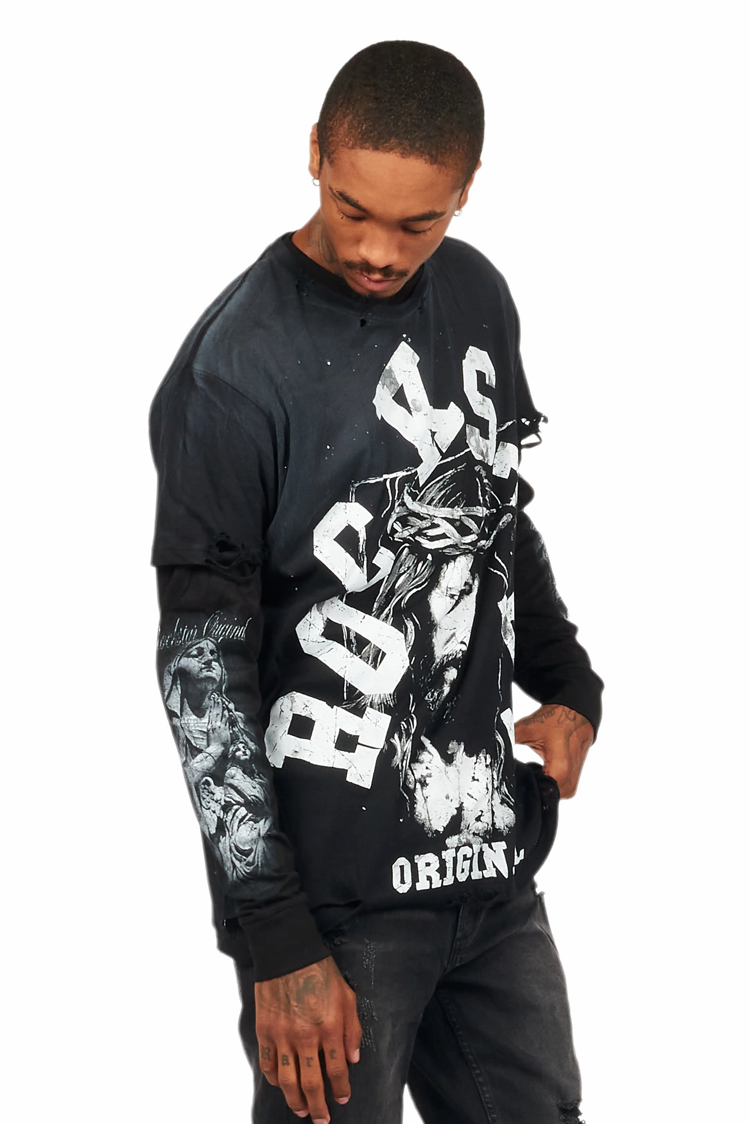 Alfred Black Double Layer Long Sleeve Graphic T-Shirt