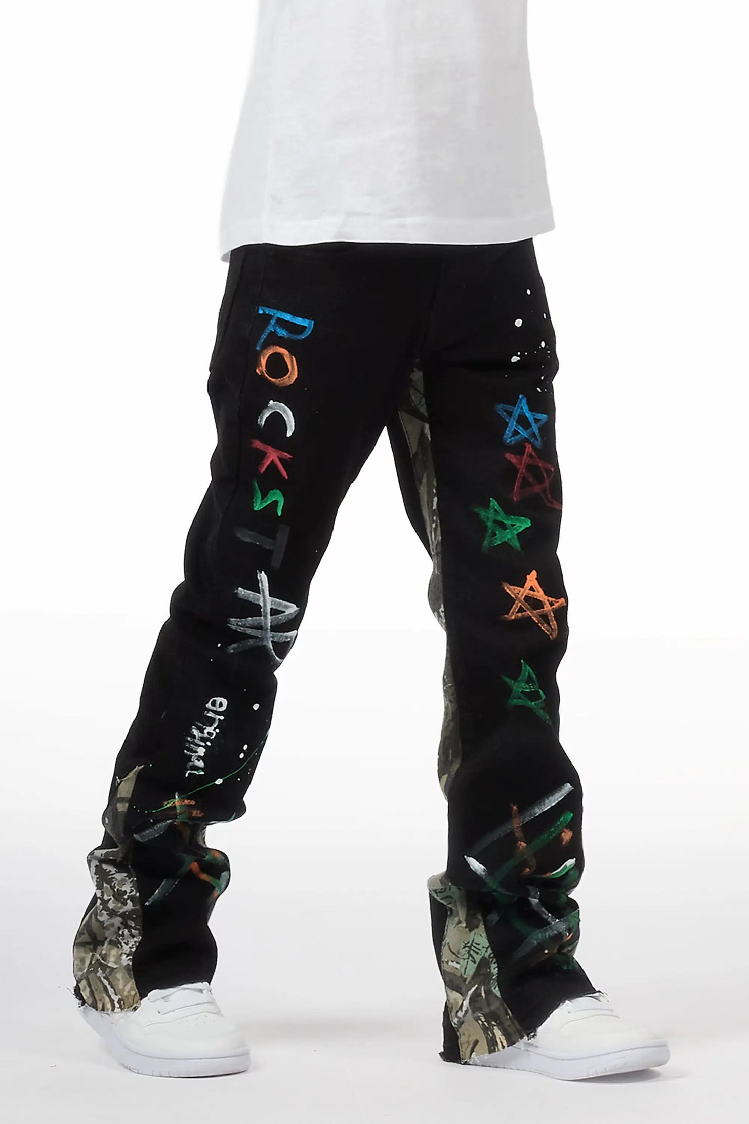 Boys Strass Black Painted Stacked Flare Jean