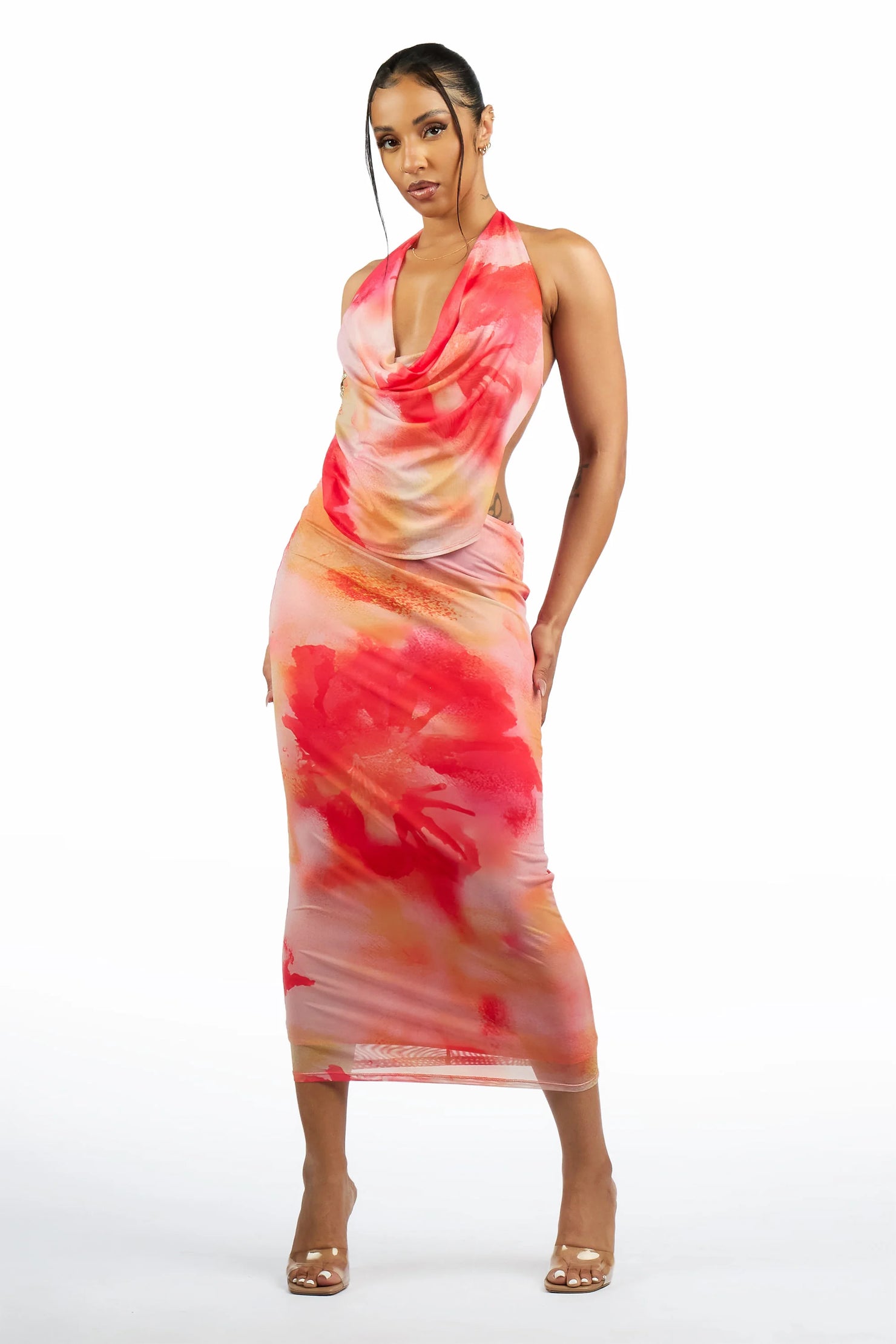 Bloom Red Maxi Drape Neck Dress