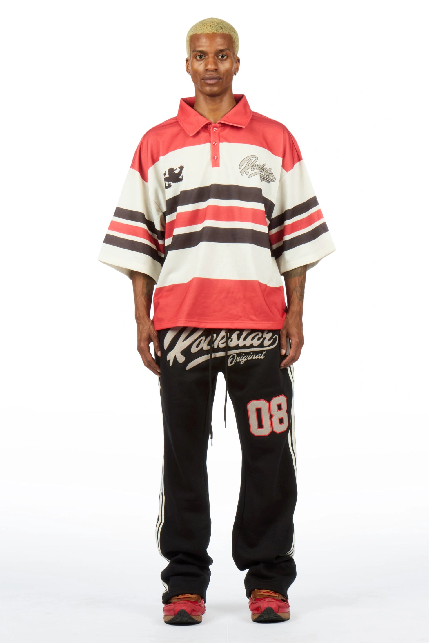 Yazan Red Crop Boxy Polo/ French Terry Relaxed Pant Track Set